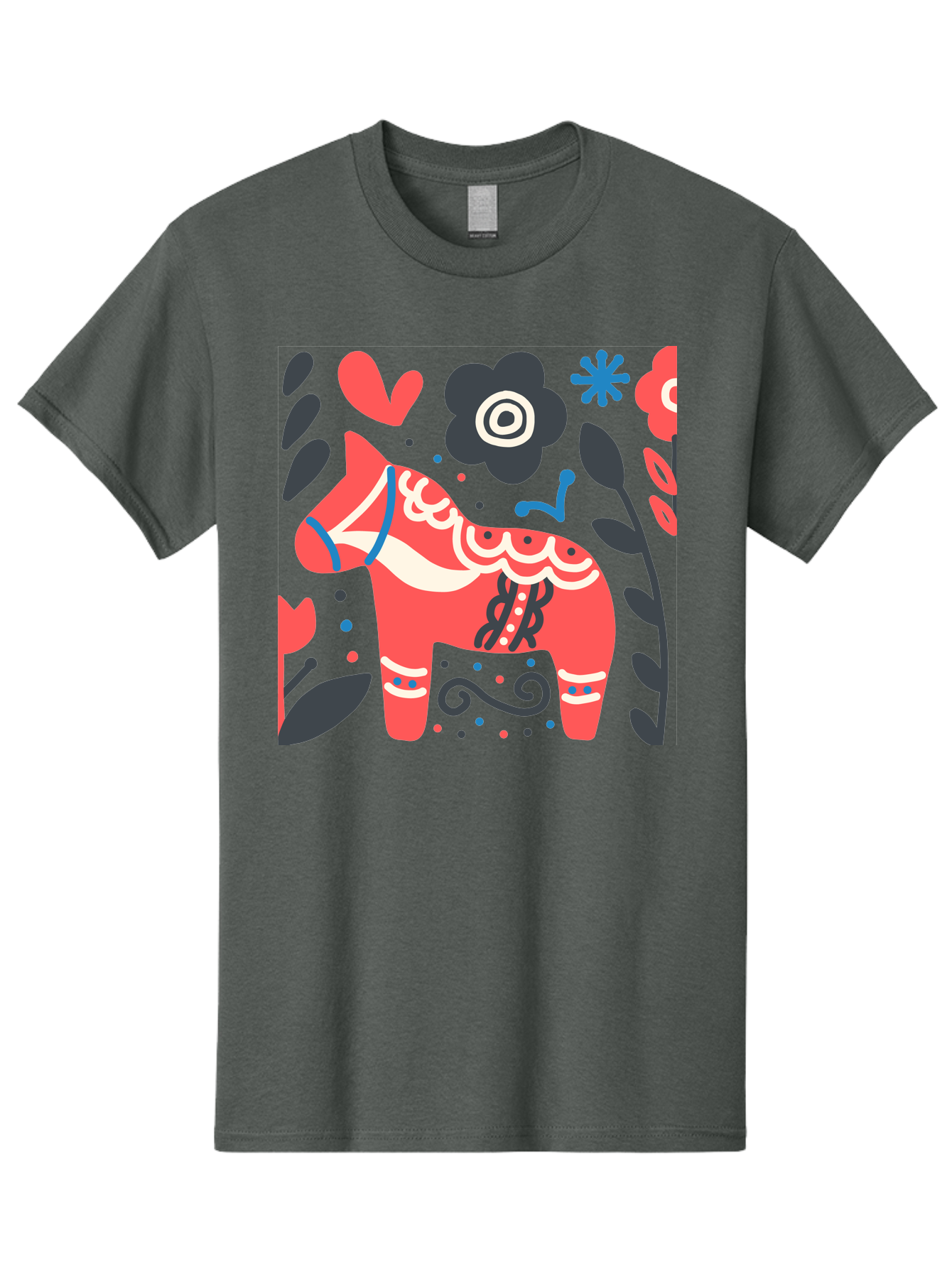 Dala-Horse Men'S Graphic Tee, 100% Cotton, Comfortable Casual Summer Wear, Machine Washable, Traditional Swedish Dala Horse, Folk Art, Floral Patterns, Vibrant Red, Whimsical Design, Decorative Elements, Festive Atmosphere, Cultural Heritage, Aab687