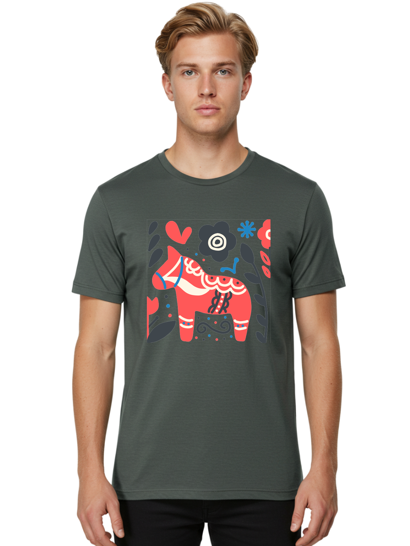 Dala-Horse Men'S Graphic Tee, 100% Cotton, Comfortable Casual Summer Wear, Machine Washable, Traditional Swedish Dala Horse, Folk Art, Floral Patterns, Vibrant Red, Whimsical Design, Decorative Elements, Festive Atmosphere, Cultural Heritage, Aab687