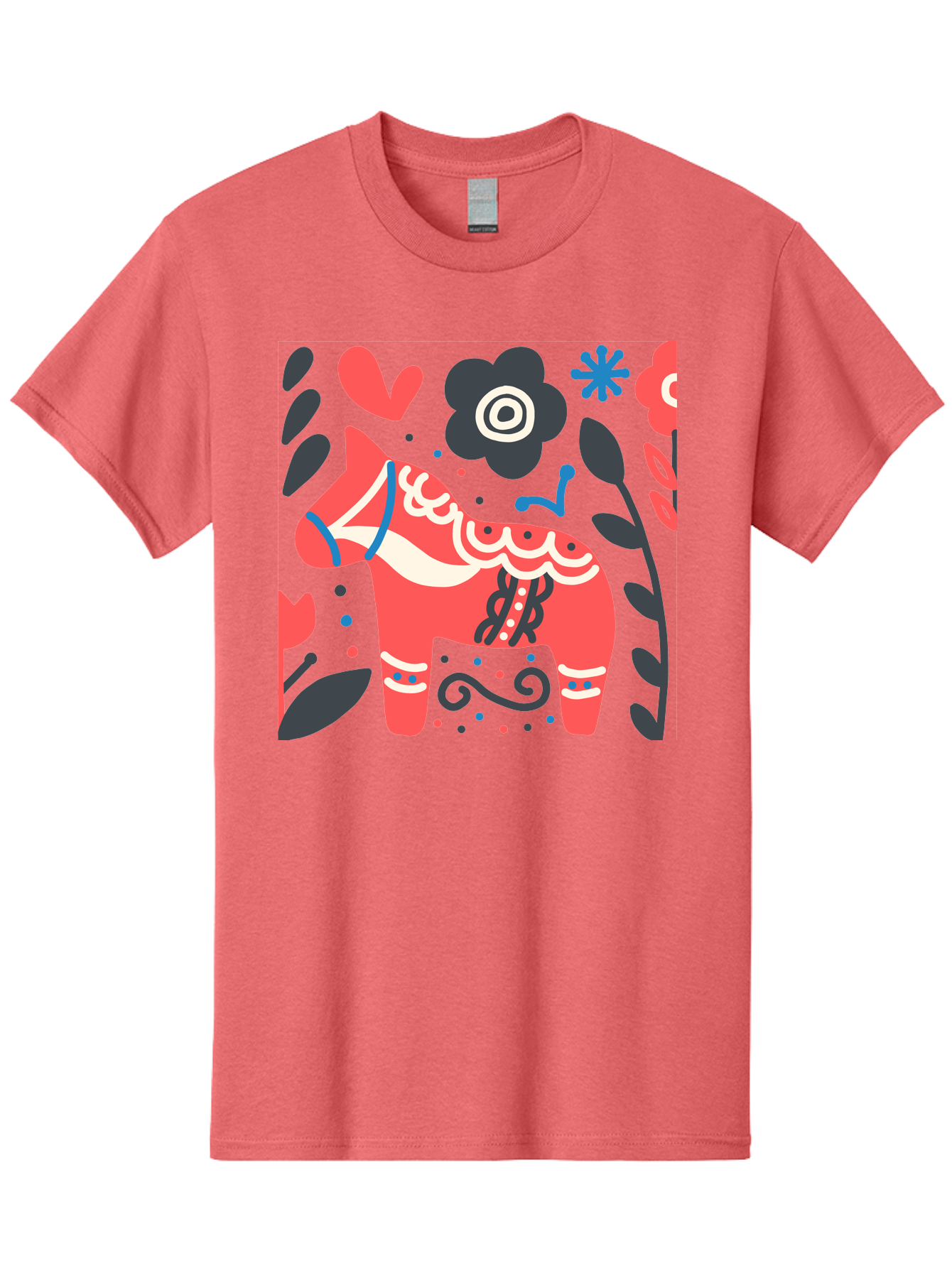 Dala-Horse Men'S Graphic Tee, 100% Cotton, Comfortable Casual Summer Wear, Machine Washable, Traditional Swedish Dala Horse, Folk Art, Floral Patterns, Vibrant Red, Whimsical Design, Decorative Elements, Festive Atmosphere, Cultural Heritage, Aab687