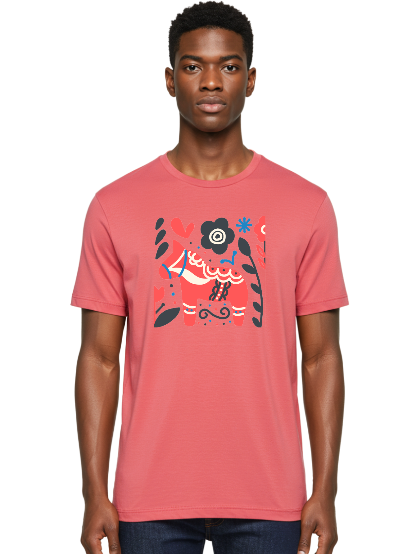 Dala-Horse Men'S Graphic Tee, 100% Cotton, Comfortable Casual Summer Wear, Machine Washable, Traditional Swedish Dala Horse, Folk Art, Floral Patterns, Vibrant Red, Whimsical Design, Decorative Elements, Festive Atmosphere, Cultural Heritage, Aab687