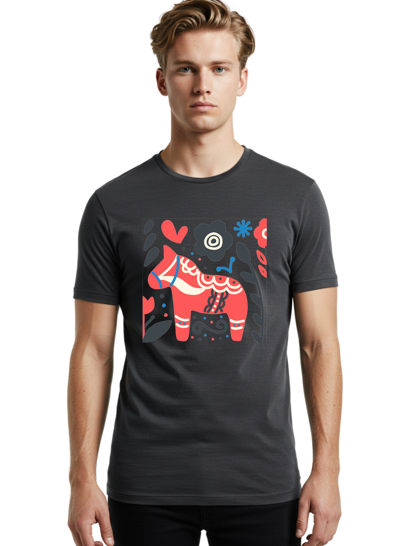 Dala-Horse Men'S Graphic Tee, 100% Cotton, Comfortable Casual Summer Wear, Machine Washable, Traditional Swedish Dala Horse, Folk Art, Floral Patterns, Vibrant Red, Whimsical Design, Decorative Elements, Festive Atmosphere, Cultural Heritage, Aab687