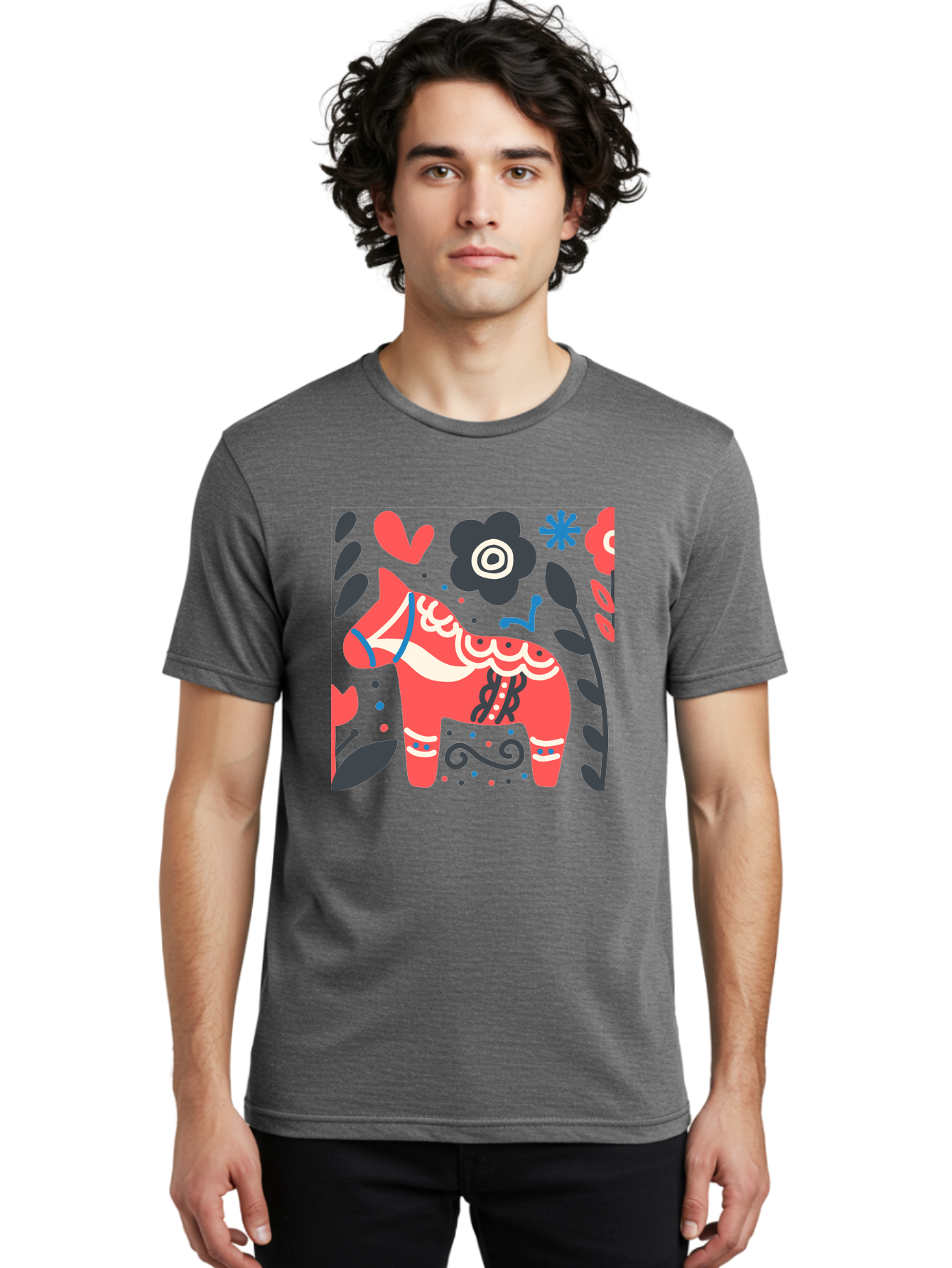 Dala-Horse Men'S Graphic Tee, 100% Cotton, Comfortable Casual Summer Wear, Machine Washable, Traditional Swedish Dala Horse, Folk Art, Floral Patterns, Vibrant Red, Whimsical Design, Decorative Elements, Festive Atmosphere, Cultural Heritage, Aab687
