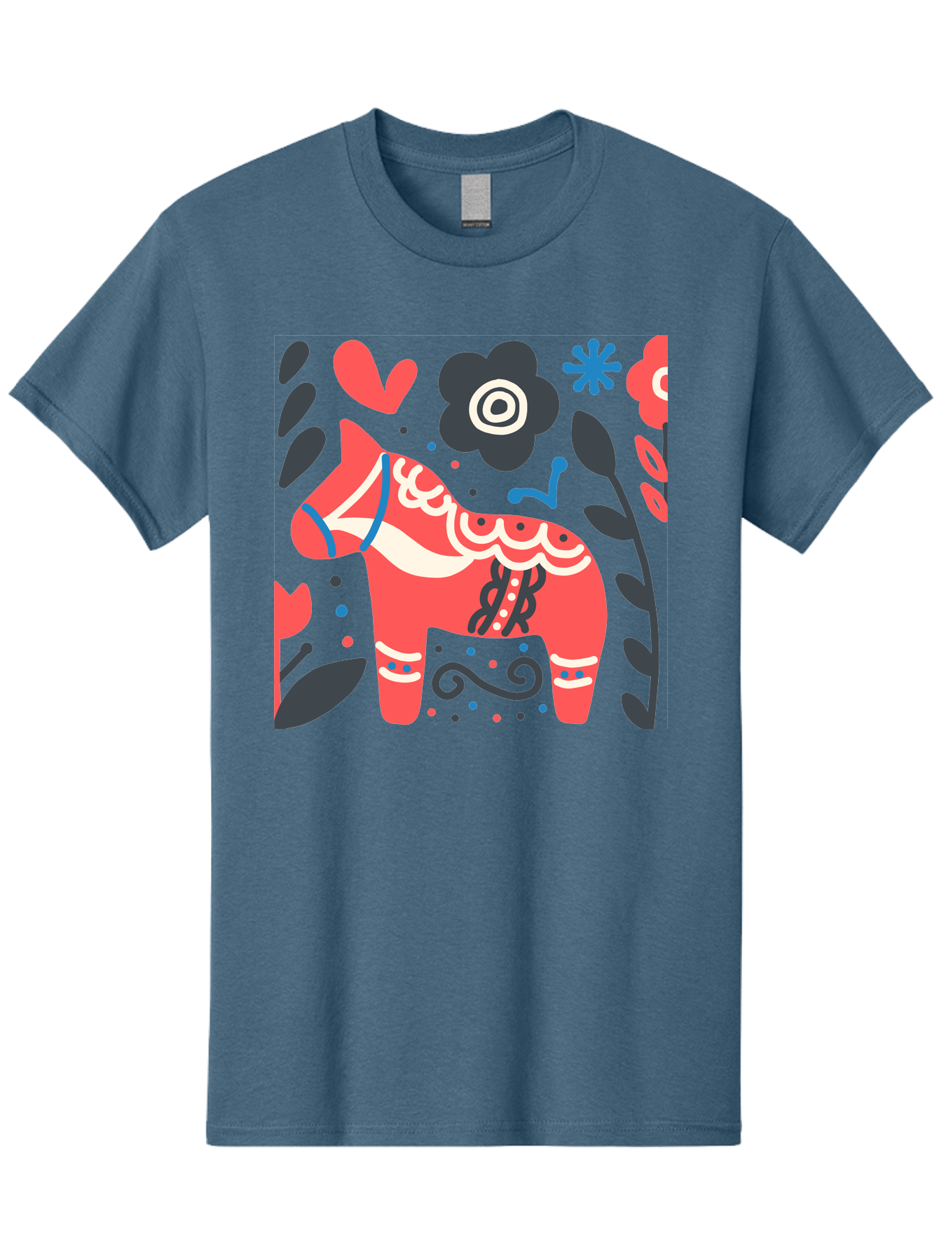 Dala-Horse Men'S Graphic Tee, 100% Cotton, Comfortable Casual Summer Wear, Machine Washable, Traditional Swedish Dala Horse, Folk Art, Floral Patterns, Vibrant Red, Whimsical Design, Decorative Elements, Festive Atmosphere, Cultural Heritage, Aab687