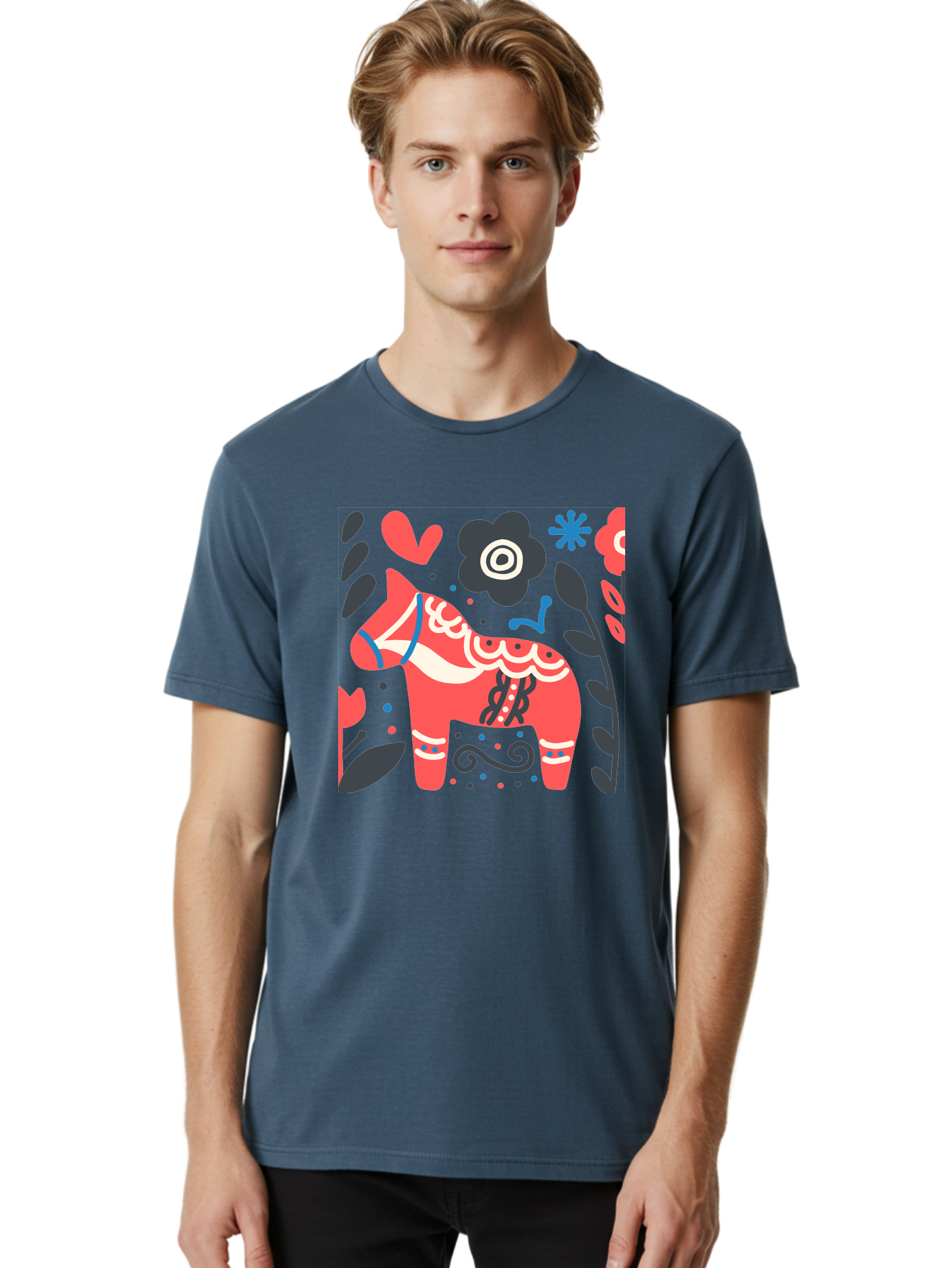 Dala-Horse Men'S Graphic Tee, 100% Cotton, Comfortable Casual Summer Wear, Machine Washable, Traditional Swedish Dala Horse, Folk Art, Floral Patterns, Vibrant Red, Whimsical Design, Decorative Elements, Festive Atmosphere, Cultural Heritage, Aab687