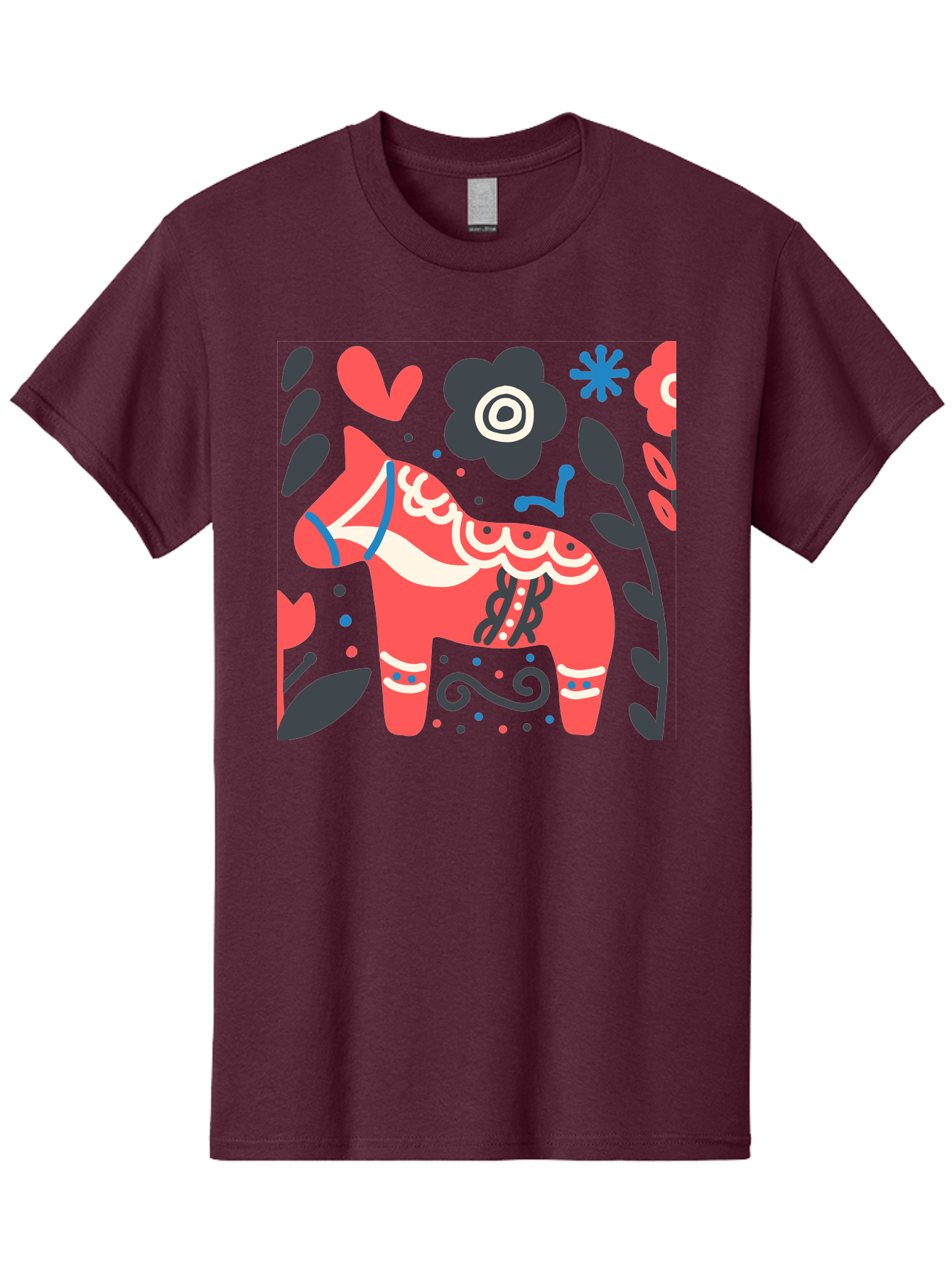Dala-Horse Men'S Graphic Tee, 100% Cotton, Comfortable Casual Summer Wear, Machine Washable, Traditional Swedish Dala Horse, Folk Art, Floral Patterns, Vibrant Red, Whimsical Design, Decorative Elements, Festive Atmosphere, Cultural Heritage, Aab687