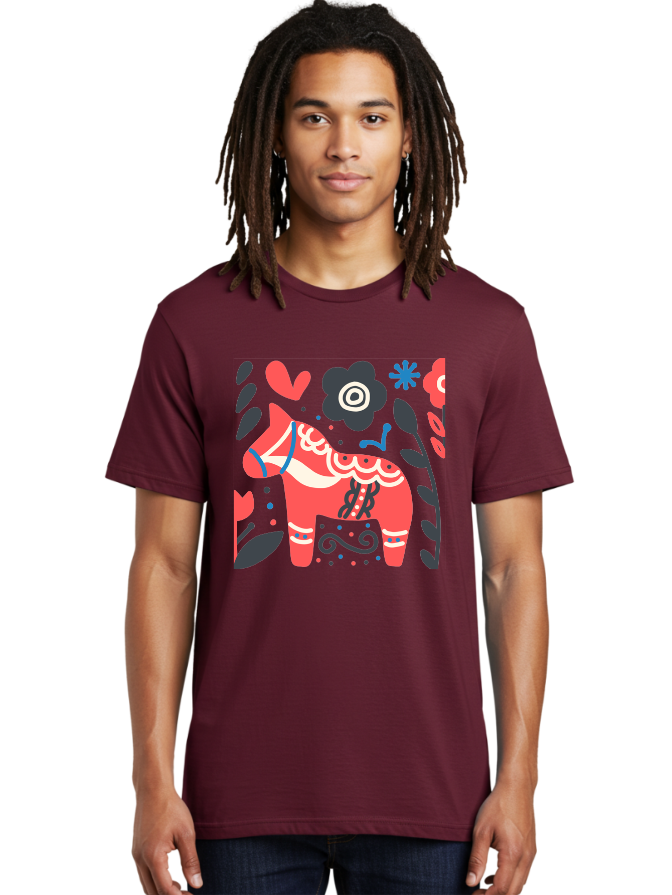 Dala-Horse Men'S Graphic Tee, 100% Cotton, Comfortable Casual Summer Wear, Machine Washable, Traditional Swedish Dala Horse, Folk Art, Floral Patterns, Vibrant Red, Whimsical Design, Decorative Elements, Festive Atmosphere, Cultural Heritage, Aab687