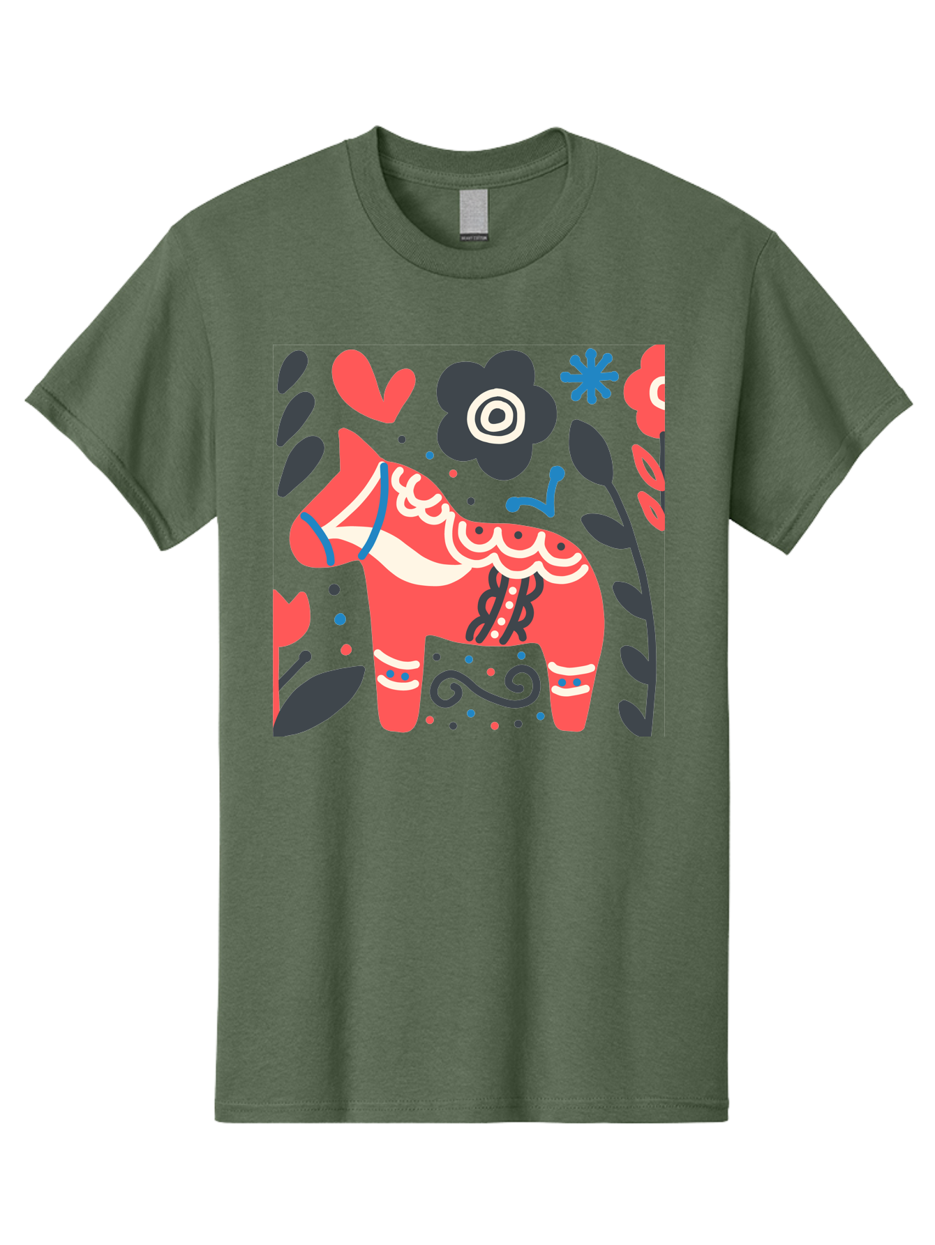 Dala-Horse Men'S Graphic Tee, 100% Cotton, Comfortable Casual Summer Wear, Machine Washable, Traditional Swedish Dala Horse, Folk Art, Floral Patterns, Vibrant Red, Whimsical Design, Decorative Elements, Festive Atmosphere, Cultural Heritage, Aab687