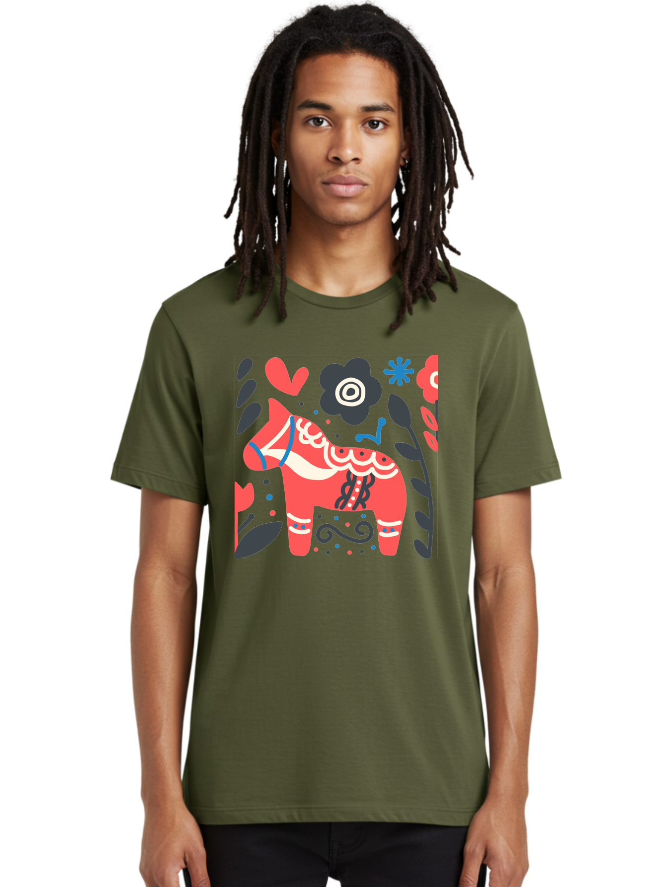Dala-Horse Men'S Graphic Tee, 100% Cotton, Comfortable Casual Summer Wear, Machine Washable, Traditional Swedish Dala Horse, Folk Art, Floral Patterns, Vibrant Red, Whimsical Design, Decorative Elements, Festive Atmosphere, Cultural Heritage, Aab687
