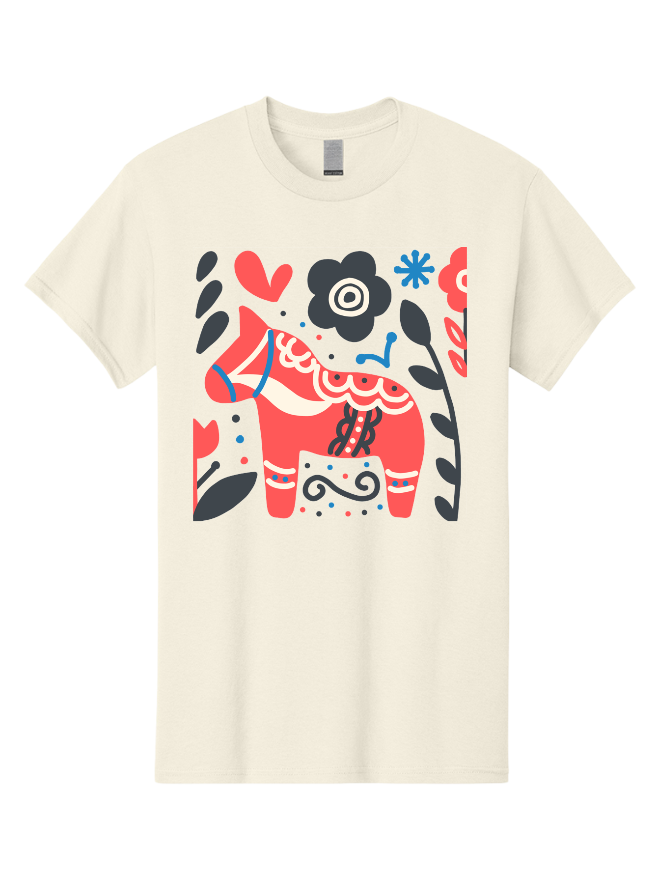 Dala-Horse Men'S Graphic Tee, 100% Cotton, Comfortable Casual Summer Wear, Machine Washable, Traditional Swedish Dala Horse, Folk Art, Floral Patterns, Vibrant Red, Whimsical Design, Decorative Elements, Festive Atmosphere, Cultural Heritage, Aab687