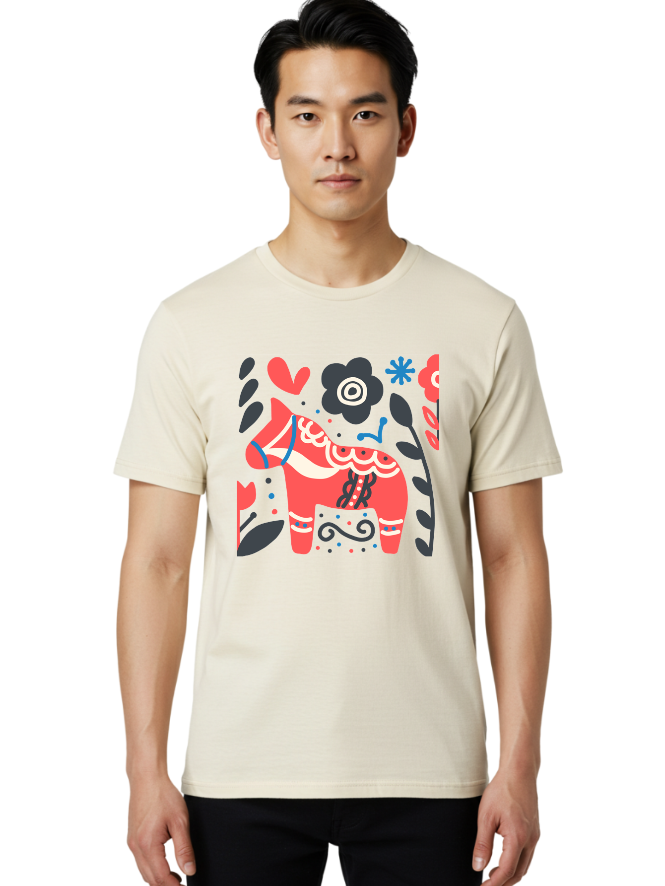 Dala-Horse Men'S Graphic Tee, 100% Cotton, Comfortable Casual Summer Wear, Machine Washable, Traditional Swedish Dala Horse, Folk Art, Floral Patterns, Vibrant Red, Whimsical Design, Decorative Elements, Festive Atmosphere, Cultural Heritage, Aab687