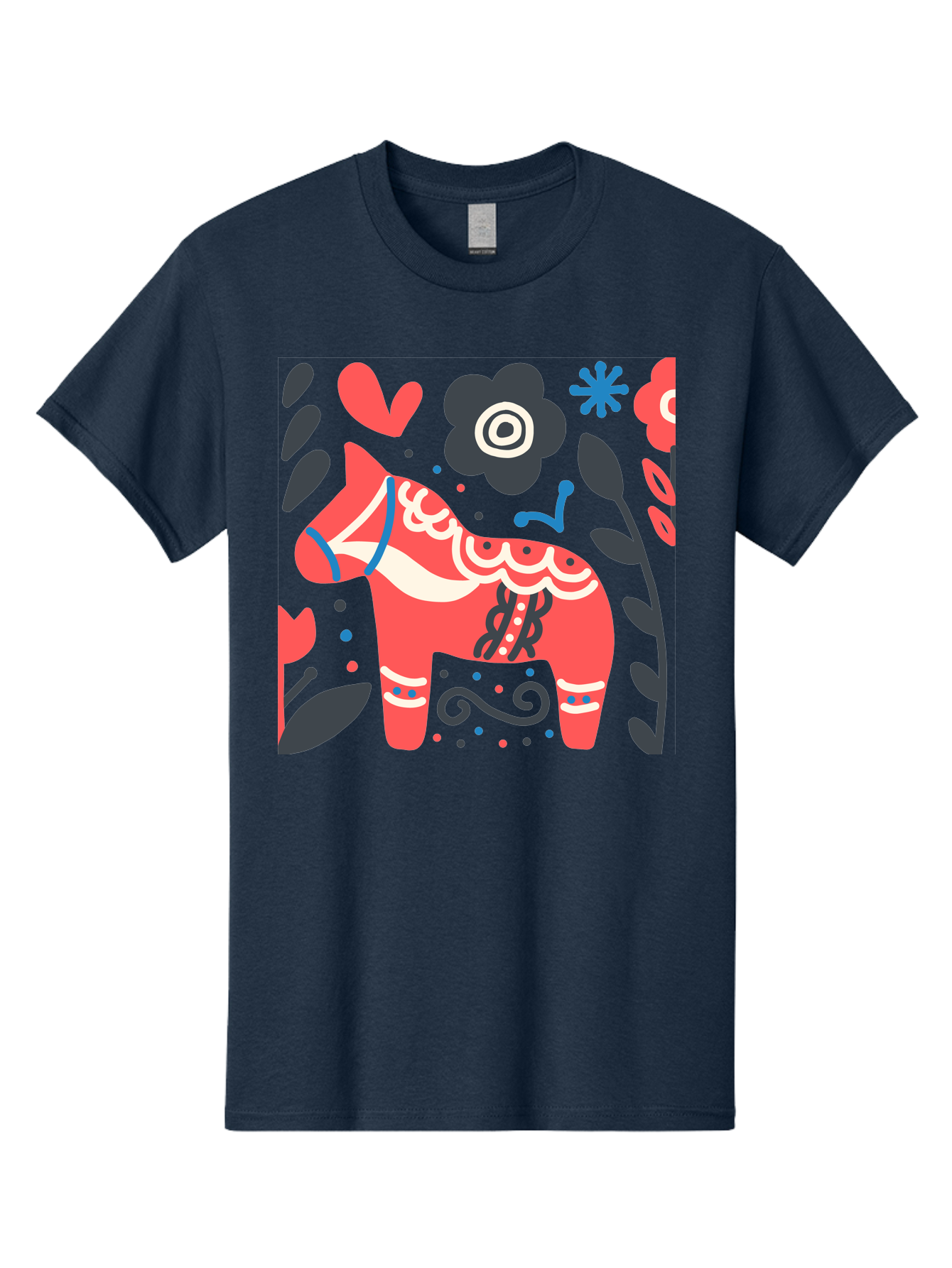 Dala-Horse Men'S Graphic Tee, 100% Cotton, Comfortable Casual Summer Wear, Machine Washable, Traditional Swedish Dala Horse, Folk Art, Floral Patterns, Vibrant Red, Whimsical Design, Decorative Elements, Festive Atmosphere, Cultural Heritage, Aab687