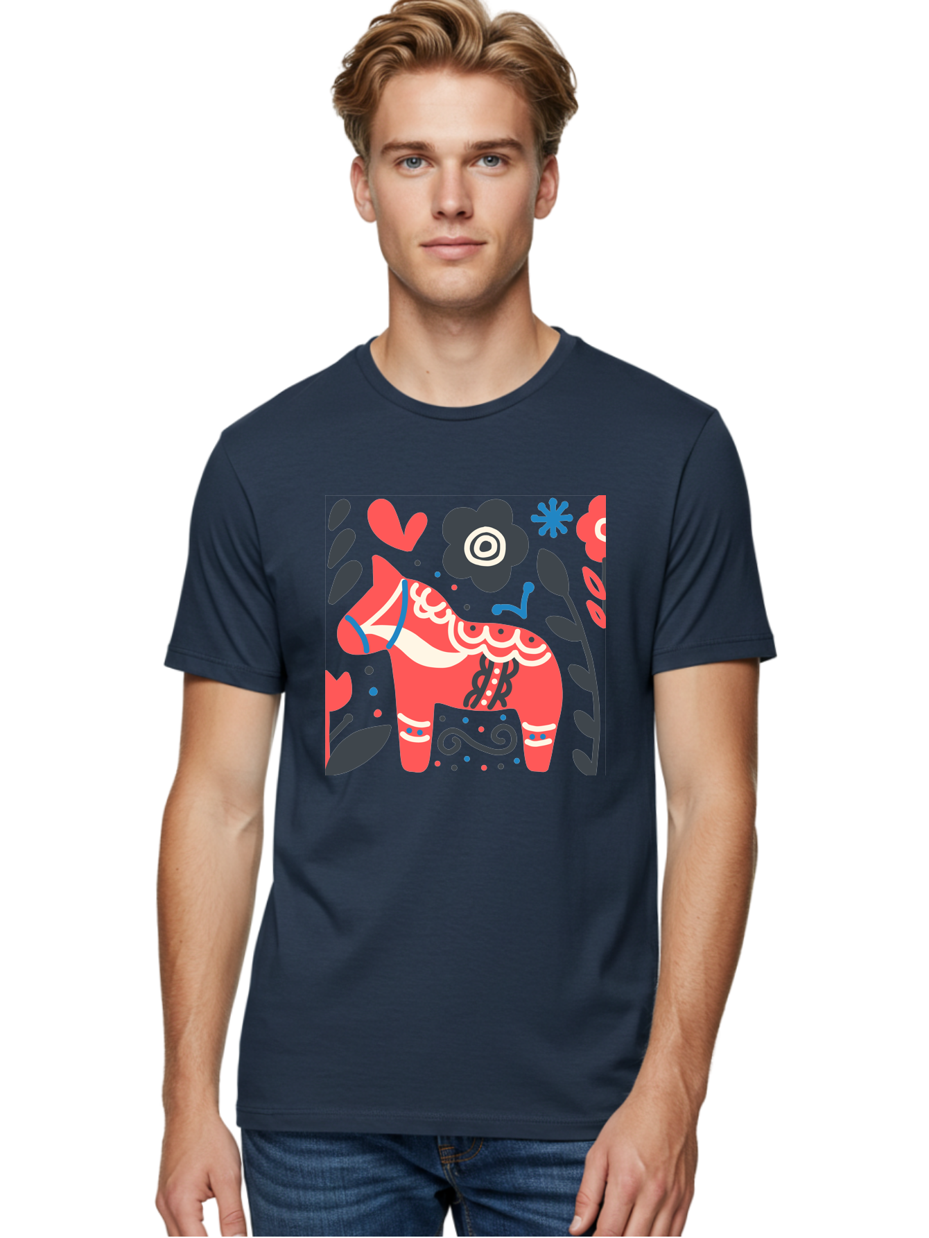 Dala-Horse Men'S Graphic Tee, 100% Cotton, Comfortable Casual Summer Wear, Machine Washable, Traditional Swedish Dala Horse, Folk Art, Floral Patterns, Vibrant Red, Whimsical Design, Decorative Elements, Festive Atmosphere, Cultural Heritage, Aab687