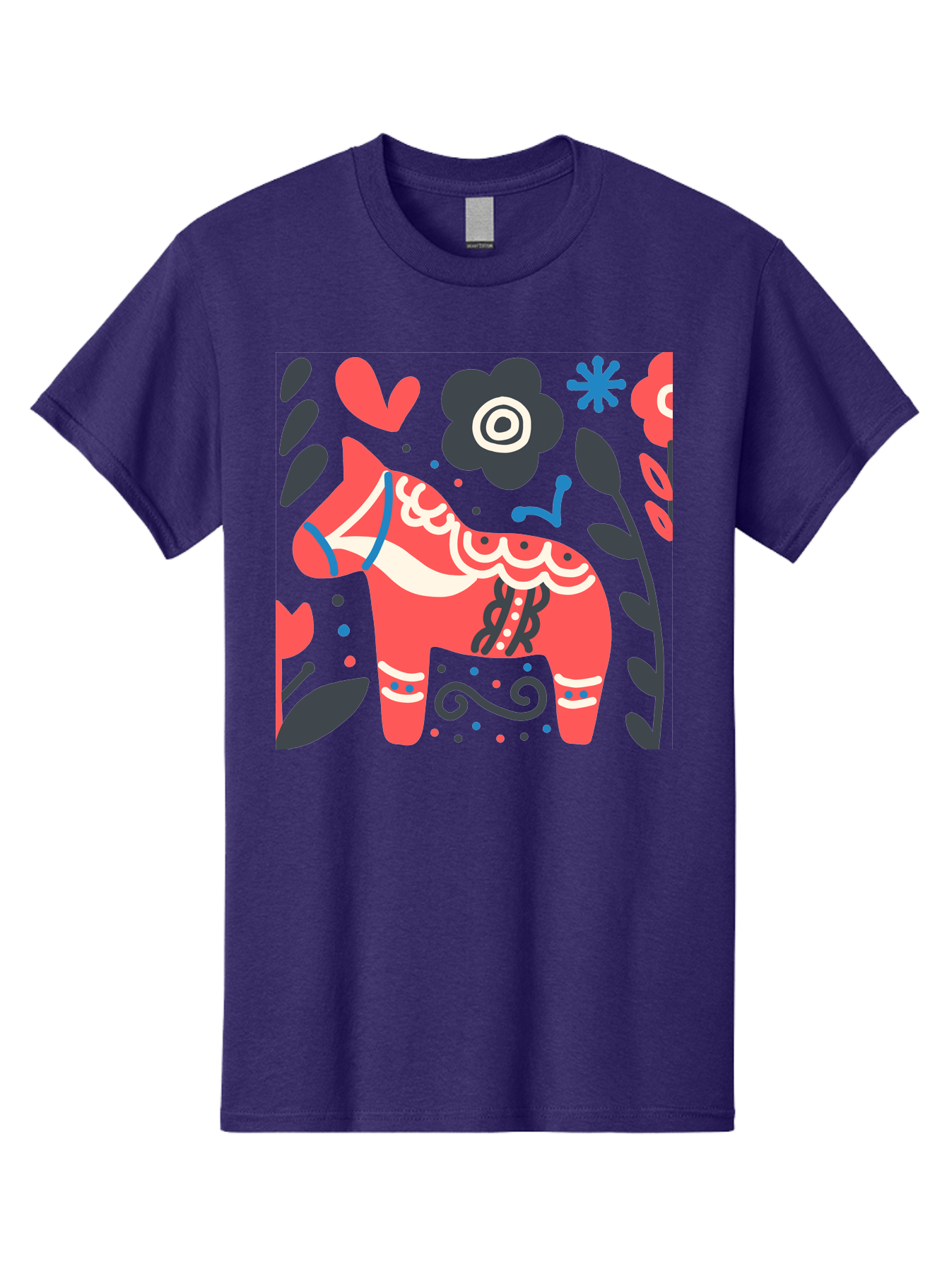 Dala-Horse Men'S Graphic Tee, 100% Cotton, Comfortable Casual Summer Wear, Machine Washable, Traditional Swedish Dala Horse, Folk Art, Floral Patterns, Vibrant Red, Whimsical Design, Decorative Elements, Festive Atmosphere, Cultural Heritage, Aab687