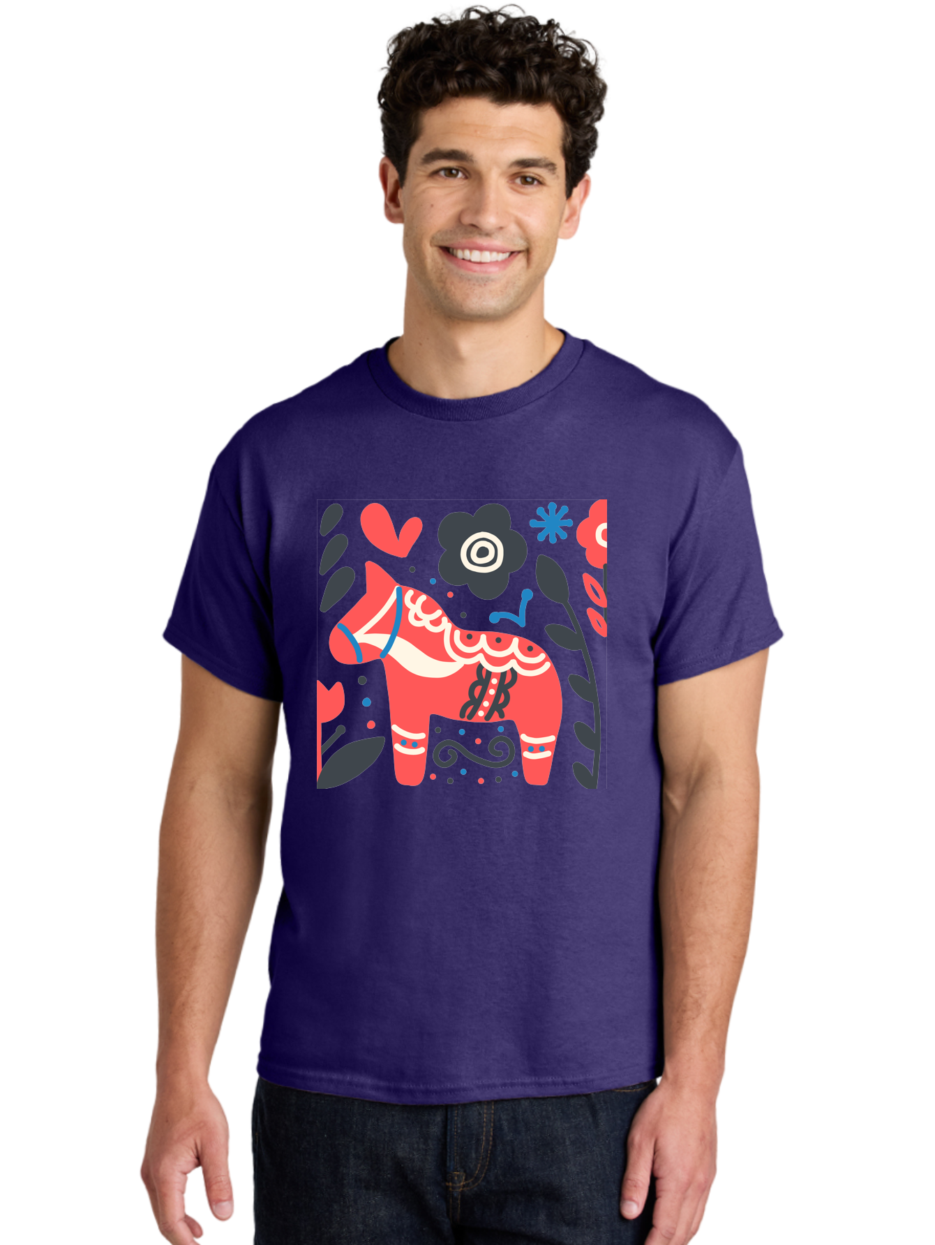 Dala-Horse Men'S Graphic Tee, 100% Cotton, Comfortable Casual Summer Wear, Machine Washable, Traditional Swedish Dala Horse, Folk Art, Floral Patterns, Vibrant Red, Whimsical Design, Decorative Elements, Festive Atmosphere, Cultural Heritage, Aab687