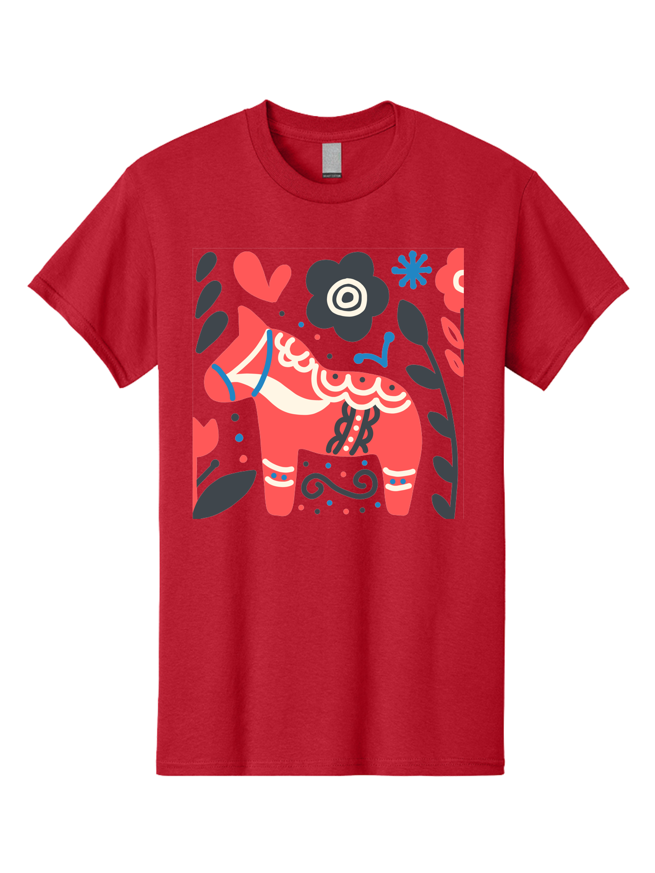 Dala-Horse Men'S Graphic Tee, 100% Cotton, Comfortable Casual Summer Wear, Machine Washable, Traditional Swedish Dala Horse, Folk Art, Floral Patterns, Vibrant Red, Whimsical Design, Decorative Elements, Festive Atmosphere, Cultural Heritage, Aab687
