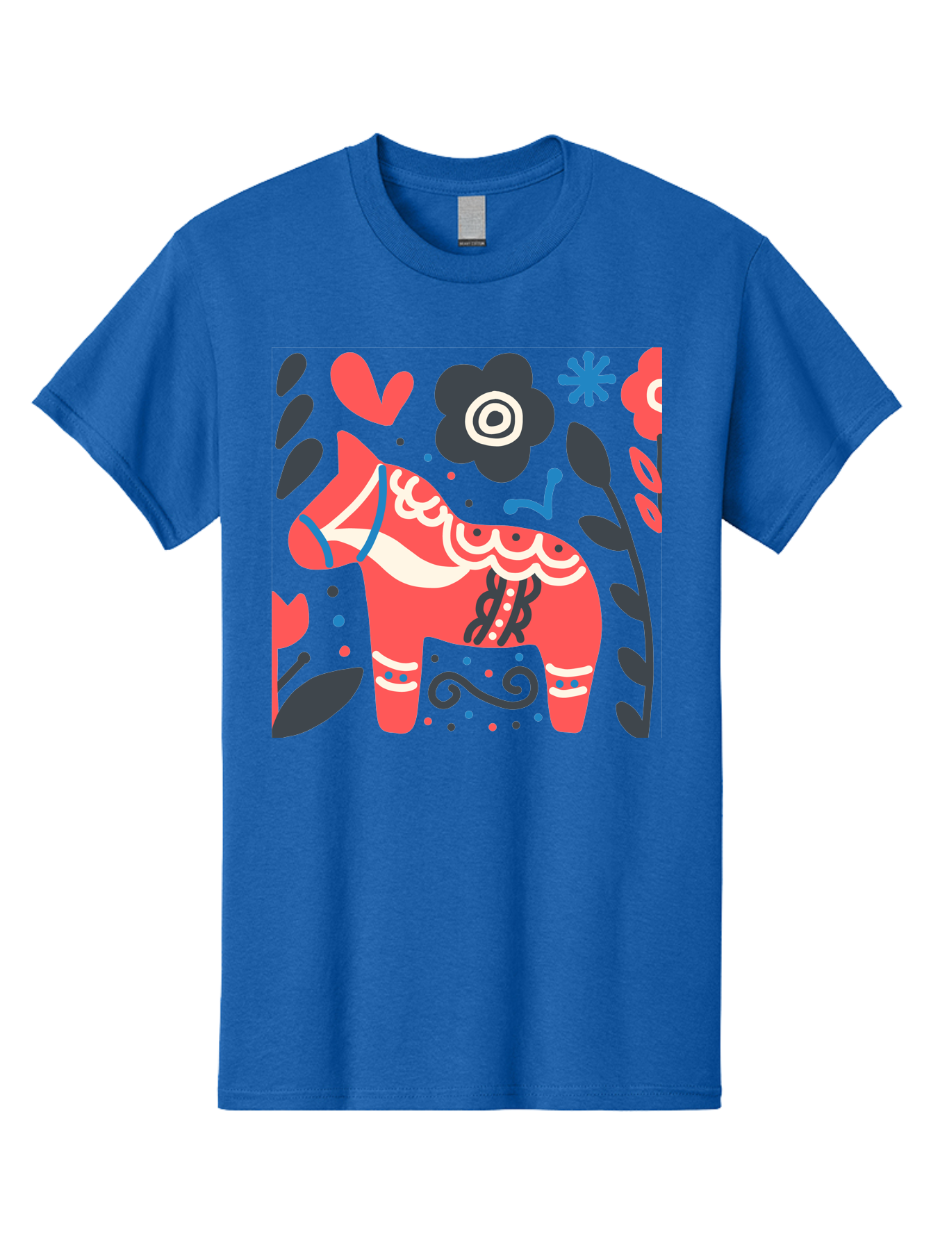 Dala-Horse Men'S Graphic Tee, 100% Cotton, Comfortable Casual Summer Wear, Machine Washable, Traditional Swedish Dala Horse, Folk Art, Floral Patterns, Vibrant Red, Whimsical Design, Decorative Elements, Festive Atmosphere, Cultural Heritage, Aab687