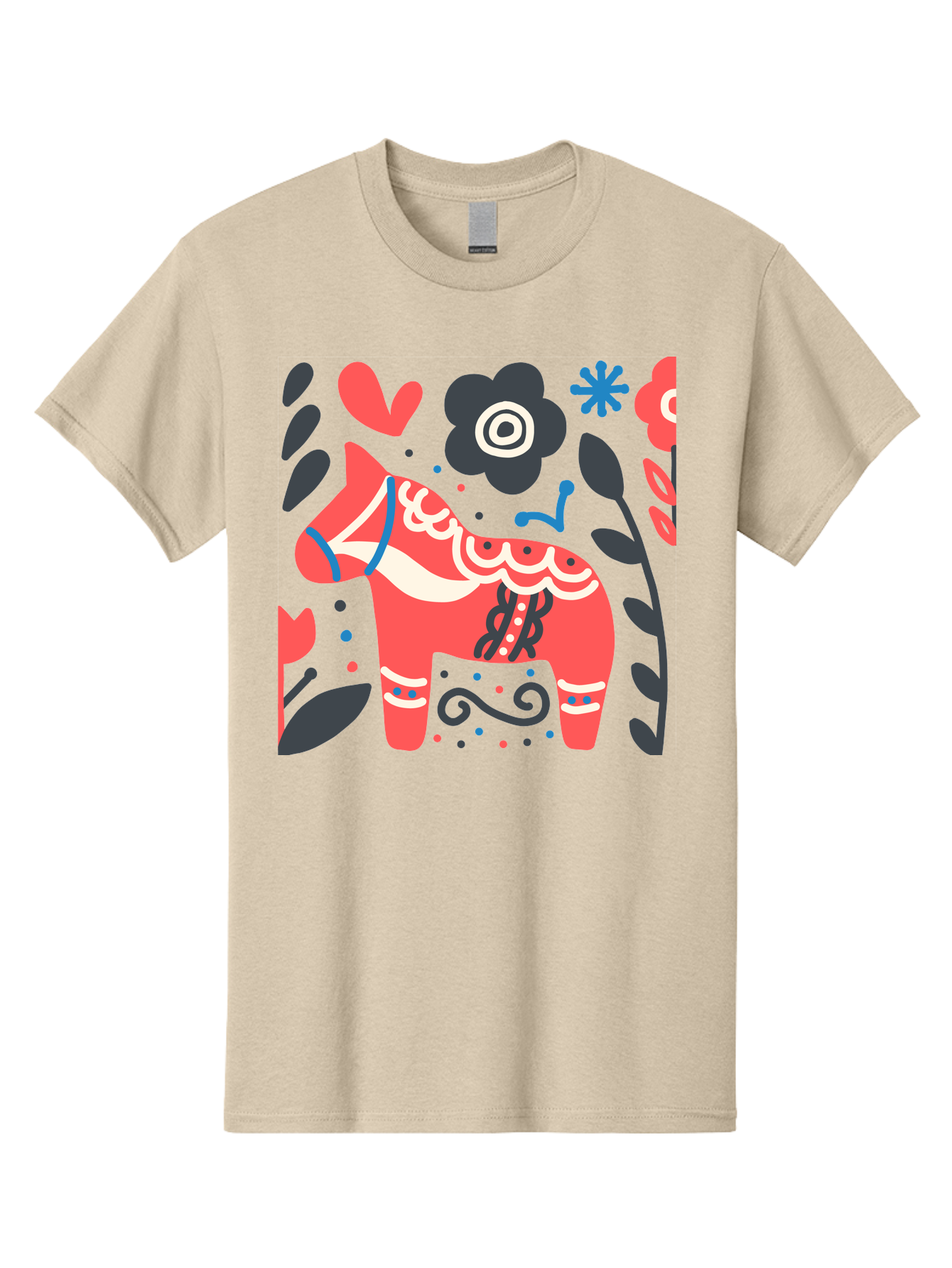 Dala-Horse Men'S Graphic Tee, 100% Cotton, Comfortable Casual Summer Wear, Machine Washable, Traditional Swedish Dala Horse, Folk Art, Floral Patterns, Vibrant Red, Whimsical Design, Decorative Elements, Festive Atmosphere, Cultural Heritage, Aab687