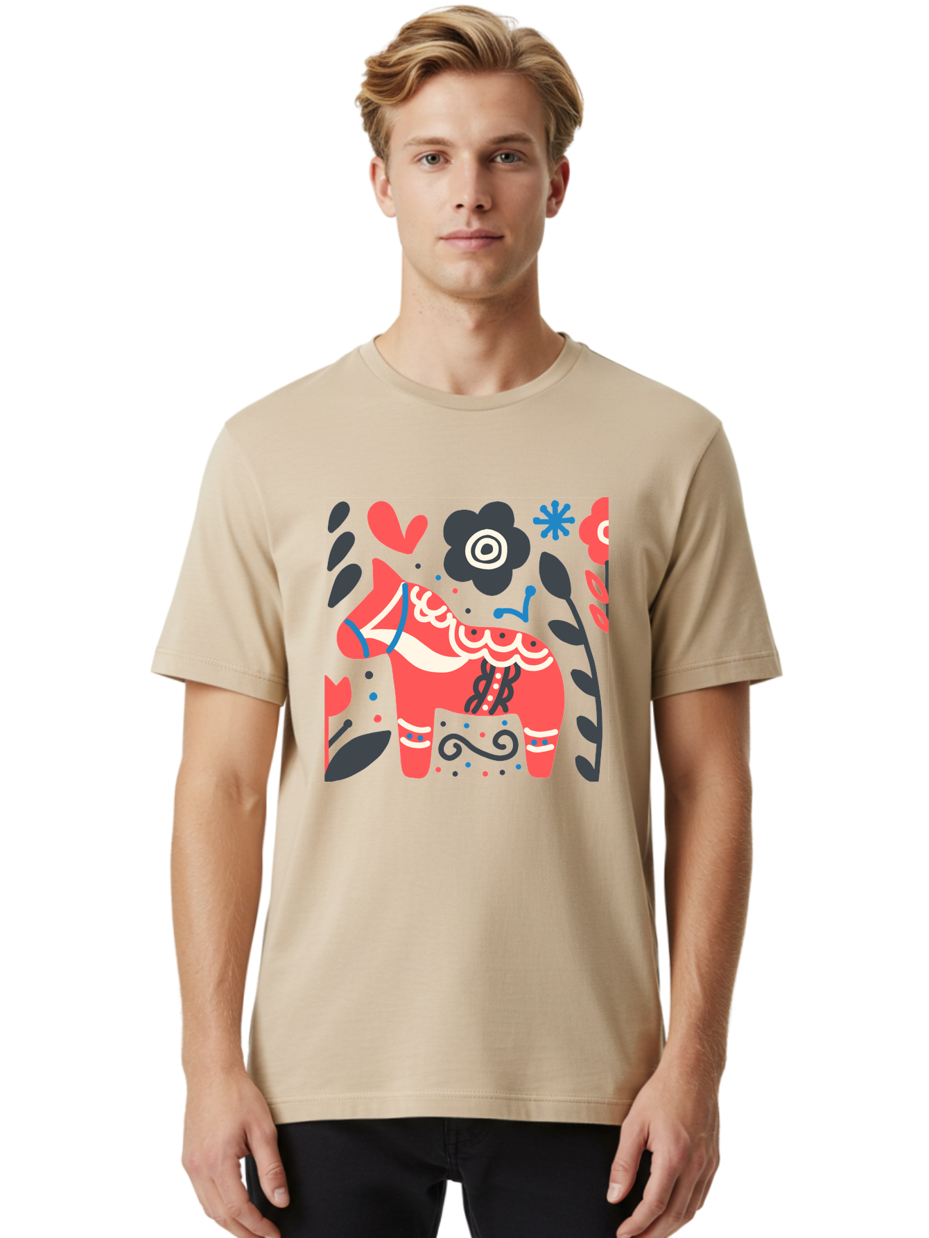 Dala-Horse Men'S Graphic Tee, 100% Cotton, Comfortable Casual Summer Wear, Machine Washable, Traditional Swedish Dala Horse, Folk Art, Floral Patterns, Vibrant Red, Whimsical Design, Decorative Elements, Festive Atmosphere, Cultural Heritage, Aab687