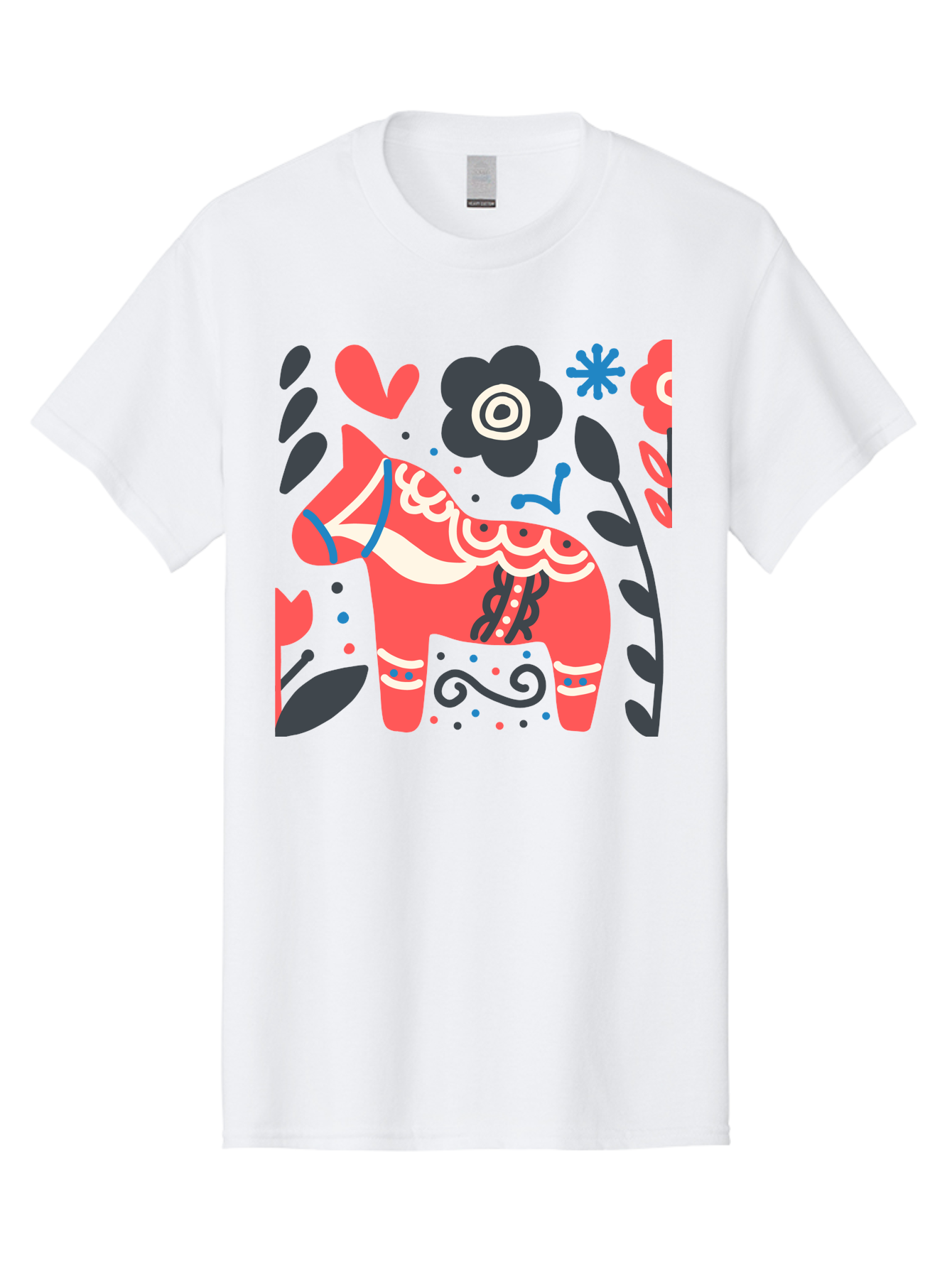 Dala-Horse Men'S Graphic Tee, 100% Cotton, Comfortable Casual Summer Wear, Machine Washable, Traditional Swedish Dala Horse, Folk Art, Floral Patterns, Vibrant Red, Whimsical Design, Decorative Elements, Festive Atmosphere, Cultural Heritage, Aab687