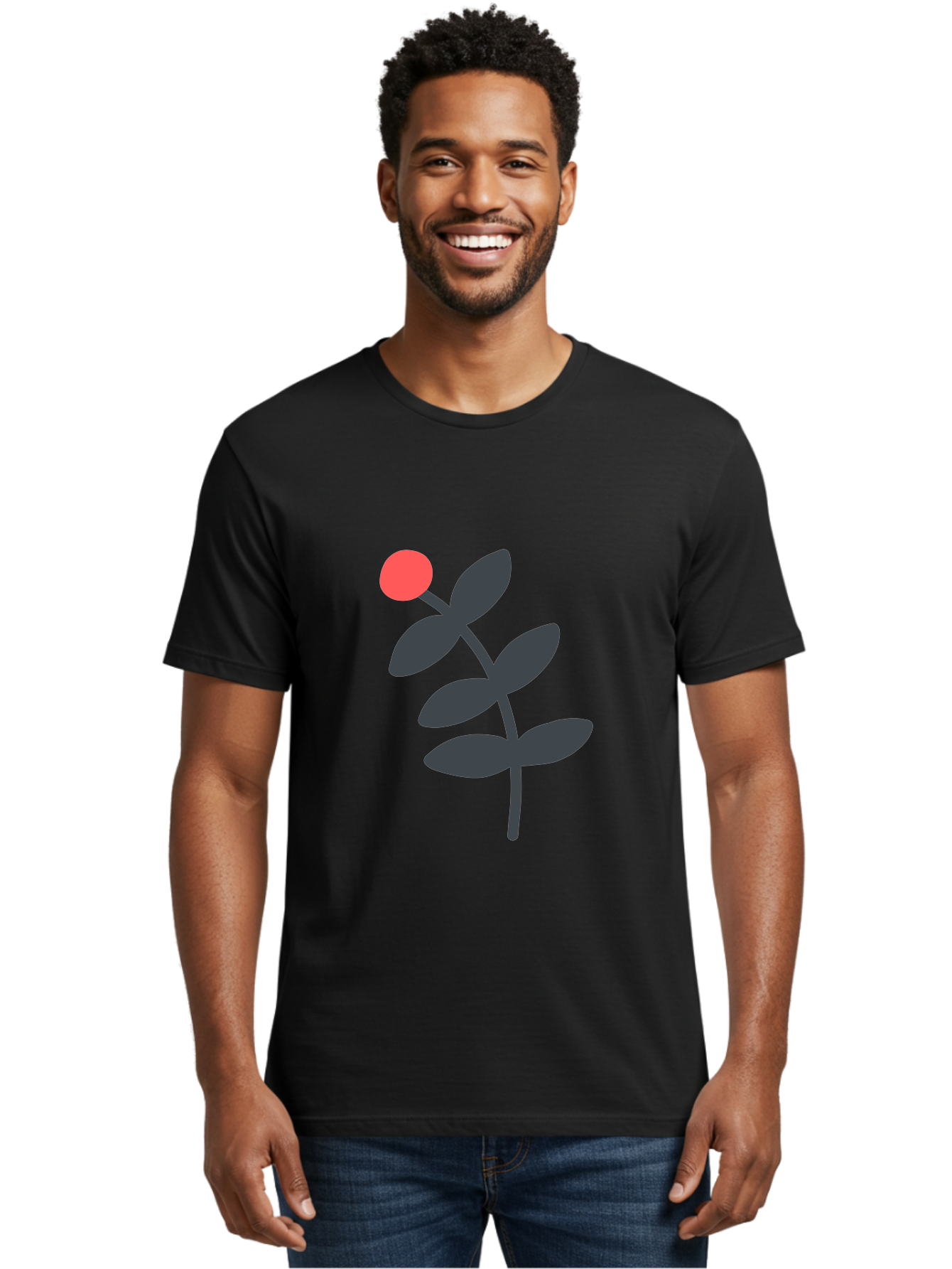 Dark-Purple-Leaves-With-Red-Berry Men'S Graphic Tee, 100% Cotton, Comfortable Casual Summer Wear, Machine Washable, Red Berry, Dark Leaves, Simple Graphic, Minimalist Design, Floral Illustration, Botanical Art, Modern Style, Bold Colors Aab689