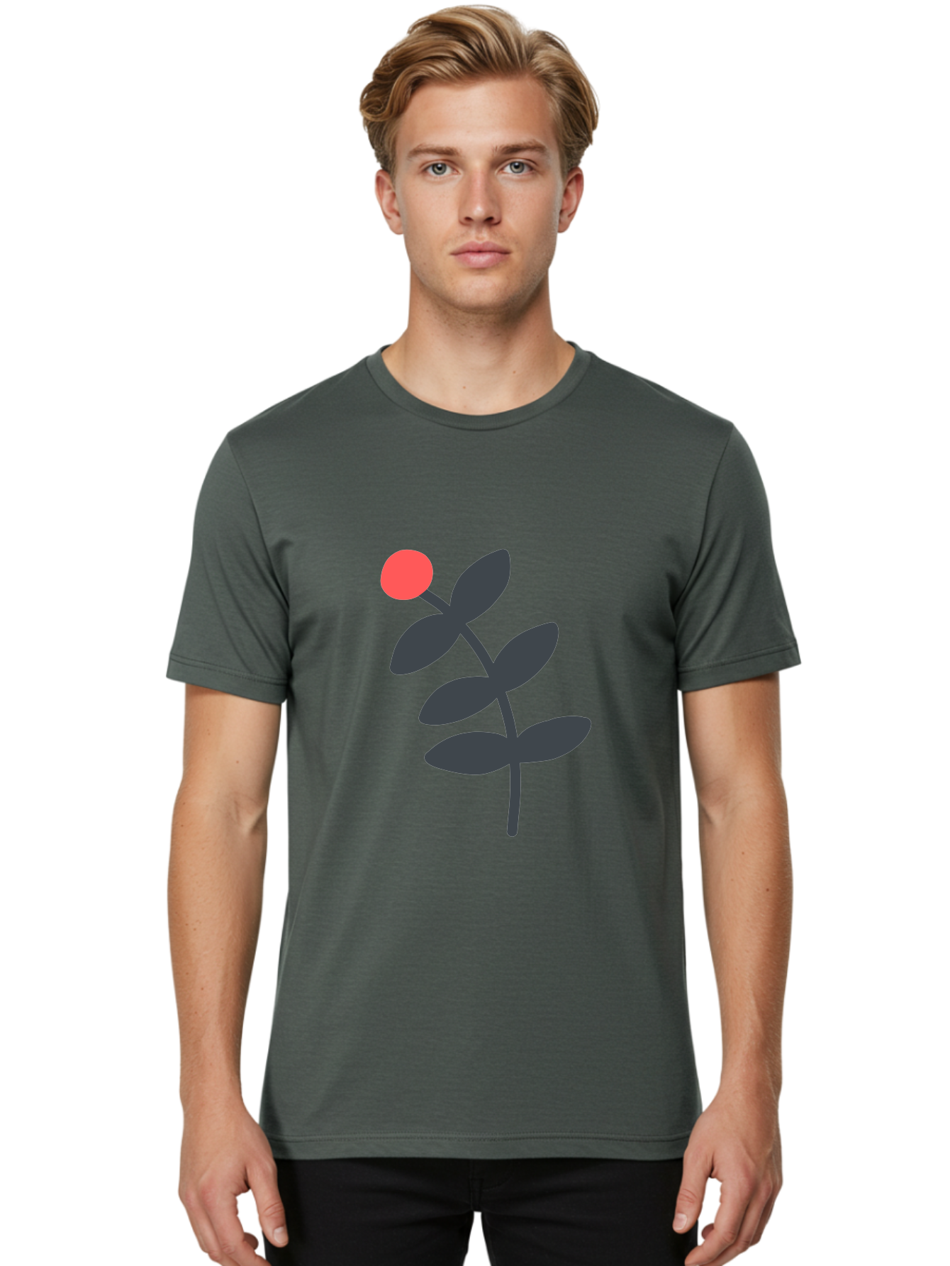 Dark-Purple-Leaves-With-Red-Berry Men'S Graphic Tee, 100% Cotton, Comfortable Casual Summer Wear, Machine Washable, Red Berry, Dark Leaves, Simple Graphic, Minimalist Design, Floral Illustration, Botanical Art, Modern Style, Bold Colors Aab689