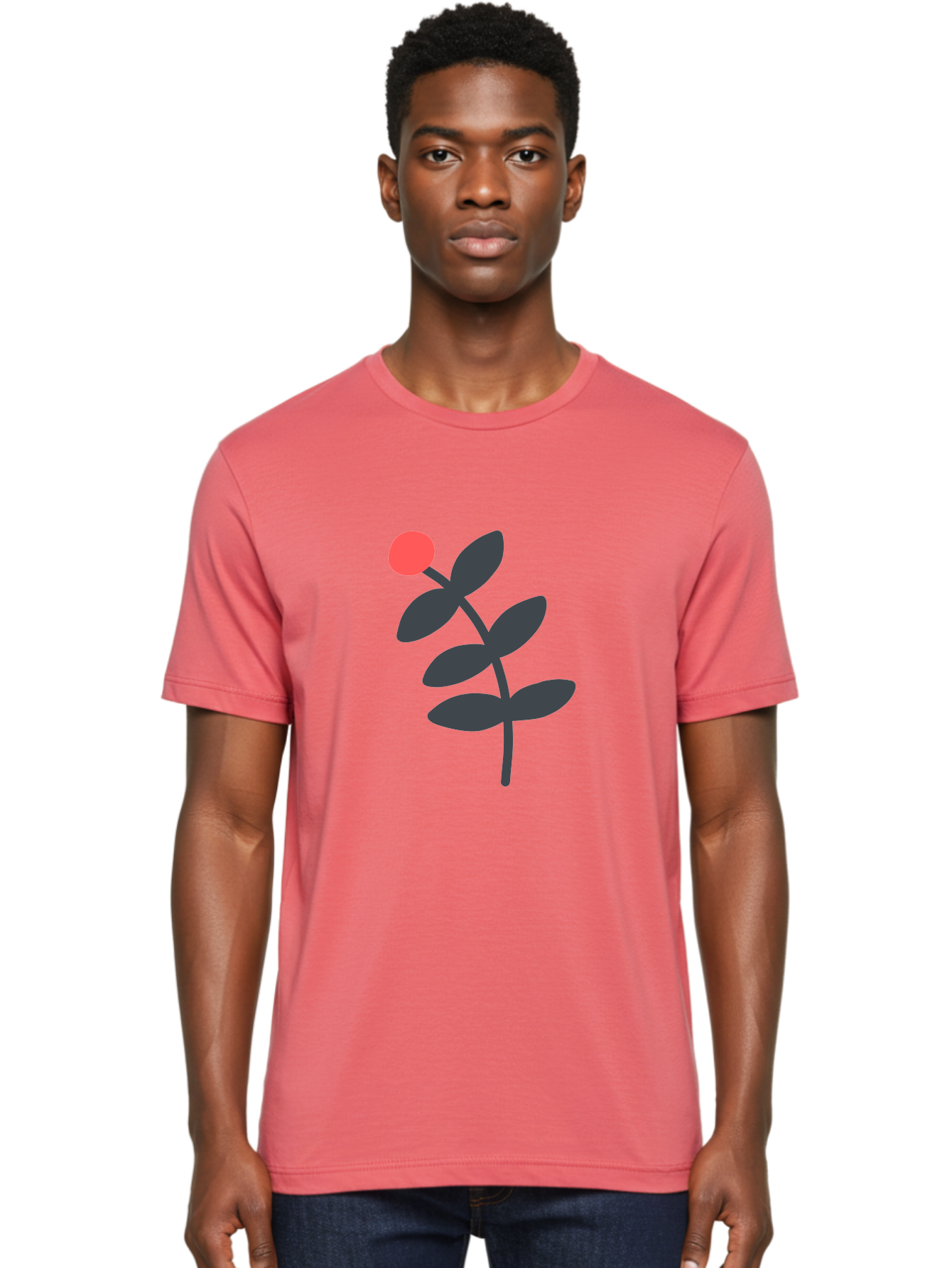 Dark-Purple-Leaves-With-Red-Berry Men'S Graphic Tee, 100% Cotton, Comfortable Casual Summer Wear, Machine Washable, Red Berry, Dark Leaves, Simple Graphic, Minimalist Design, Floral Illustration, Botanical Art, Modern Style, Bold Colors Aab689