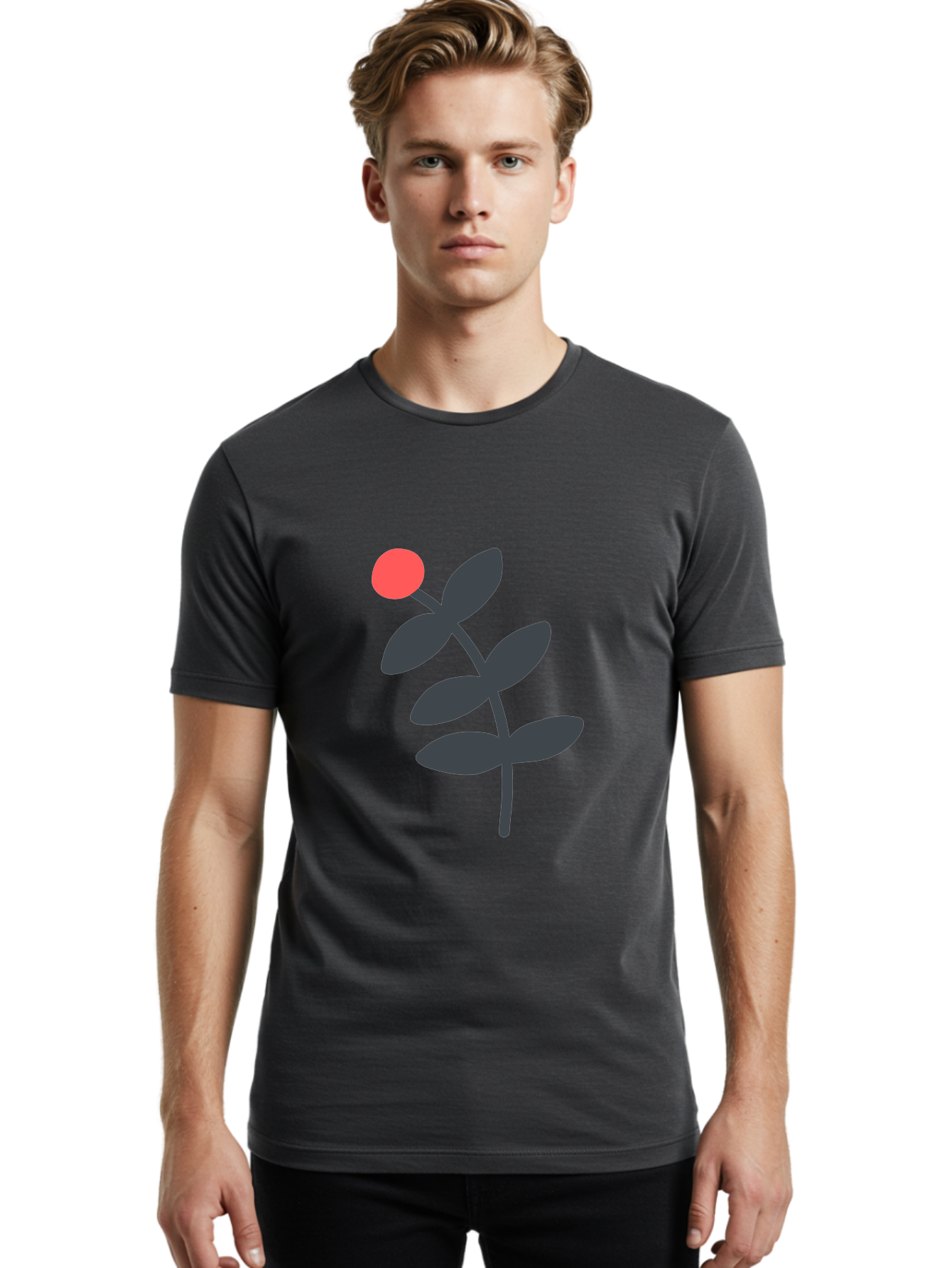 Dark-Purple-Leaves-With-Red-Berry Men'S Graphic Tee, 100% Cotton, Comfortable Casual Summer Wear, Machine Washable, Red Berry, Dark Leaves, Simple Graphic, Minimalist Design, Floral Illustration, Botanical Art, Modern Style, Bold Colors Aab689