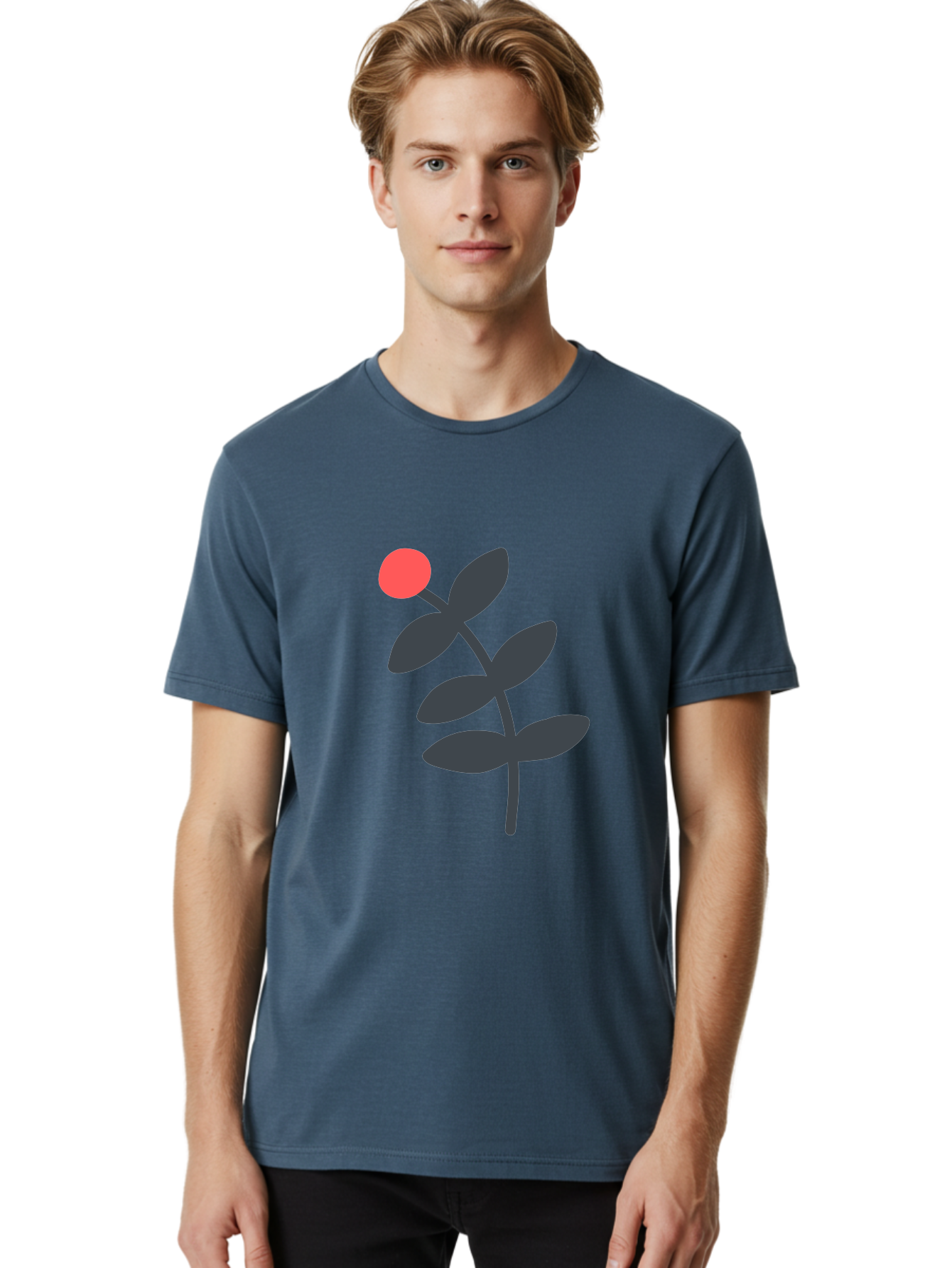 Dark-Purple-Leaves-With-Red-Berry Men'S Graphic Tee, 100% Cotton, Comfortable Casual Summer Wear, Machine Washable, Red Berry, Dark Leaves, Simple Graphic, Minimalist Design, Floral Illustration, Botanical Art, Modern Style, Bold Colors Aab689
