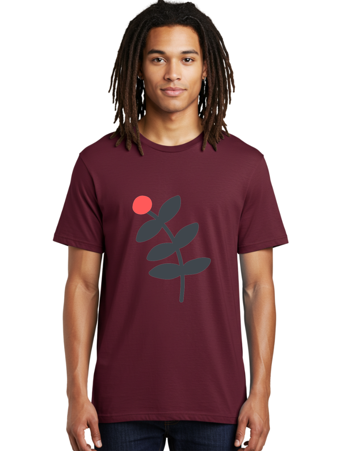 Dark-Purple-Leaves-With-Red-Berry Men'S Graphic Tee, 100% Cotton, Comfortable Casual Summer Wear, Machine Washable, Red Berry, Dark Leaves, Simple Graphic, Minimalist Design, Floral Illustration, Botanical Art, Modern Style, Bold Colors Aab689