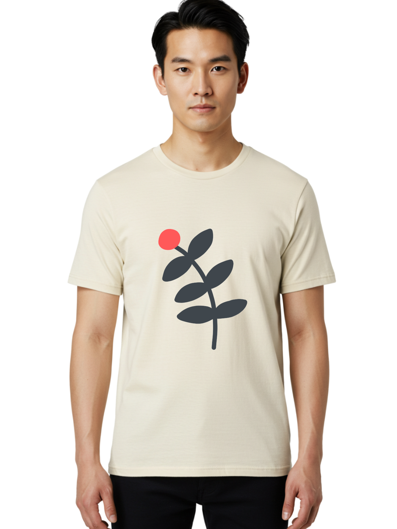 Dark-Purple-Leaves-With-Red-Berry Men'S Graphic Tee, 100% Cotton, Comfortable Casual Summer Wear, Machine Washable, Red Berry, Dark Leaves, Simple Graphic, Minimalist Design, Floral Illustration, Botanical Art, Modern Style, Bold Colors Aab689