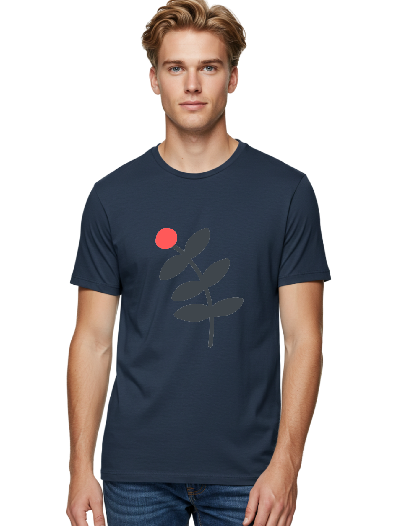 Dark-Purple-Leaves-With-Red-Berry Men'S Graphic Tee, 100% Cotton, Comfortable Casual Summer Wear, Machine Washable, Red Berry, Dark Leaves, Simple Graphic, Minimalist Design, Floral Illustration, Botanical Art, Modern Style, Bold Colors Aab689