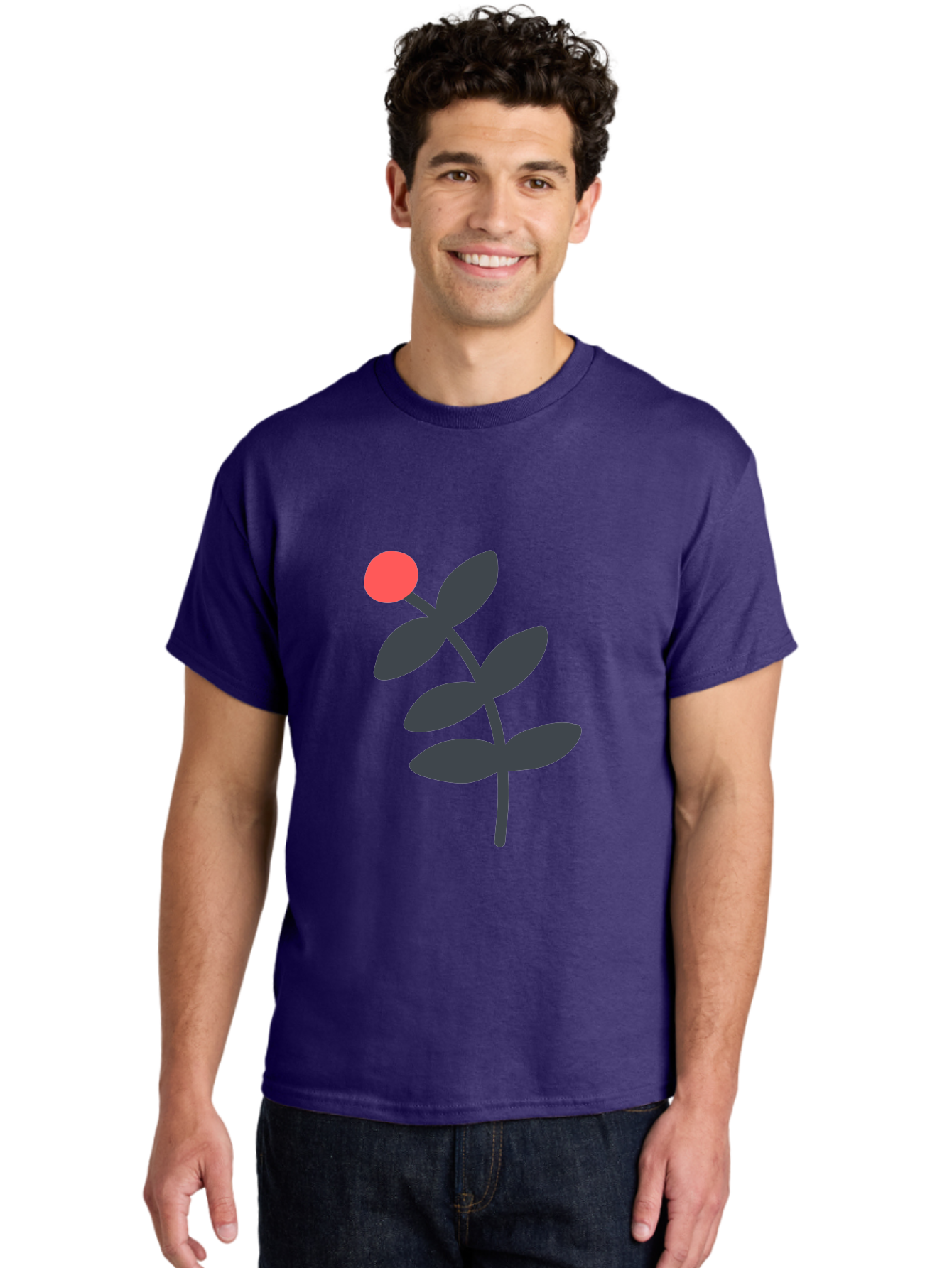 Dark-Purple-Leaves-With-Red-Berry Men'S Graphic Tee, 100% Cotton, Comfortable Casual Summer Wear, Machine Washable, Red Berry, Dark Leaves, Simple Graphic, Minimalist Design, Floral Illustration, Botanical Art, Modern Style, Bold Colors Aab689