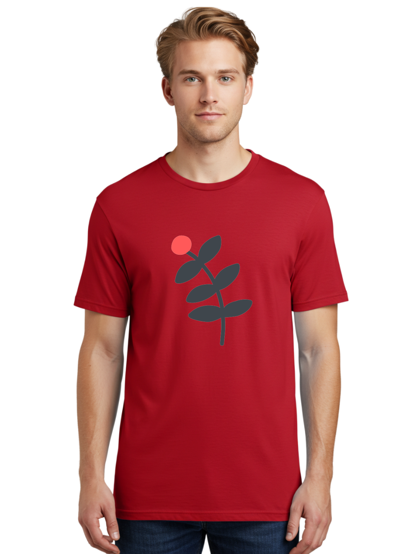 Dark-Purple-Leaves-With-Red-Berry Men'S Graphic Tee, 100% Cotton, Comfortable Casual Summer Wear, Machine Washable, Red Berry, Dark Leaves, Simple Graphic, Minimalist Design, Floral Illustration, Botanical Art, Modern Style, Bold Colors Aab689