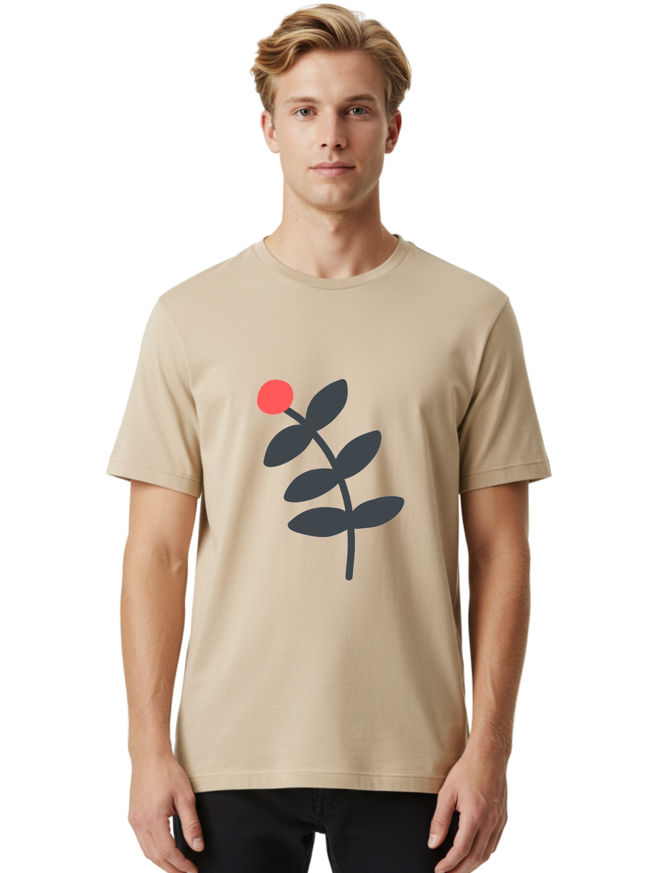 Dark-Purple-Leaves-With-Red-Berry Men'S Graphic Tee, 100% Cotton, Comfortable Casual Summer Wear, Machine Washable, Red Berry, Dark Leaves, Simple Graphic, Minimalist Design, Floral Illustration, Botanical Art, Modern Style, Bold Colors Aab689