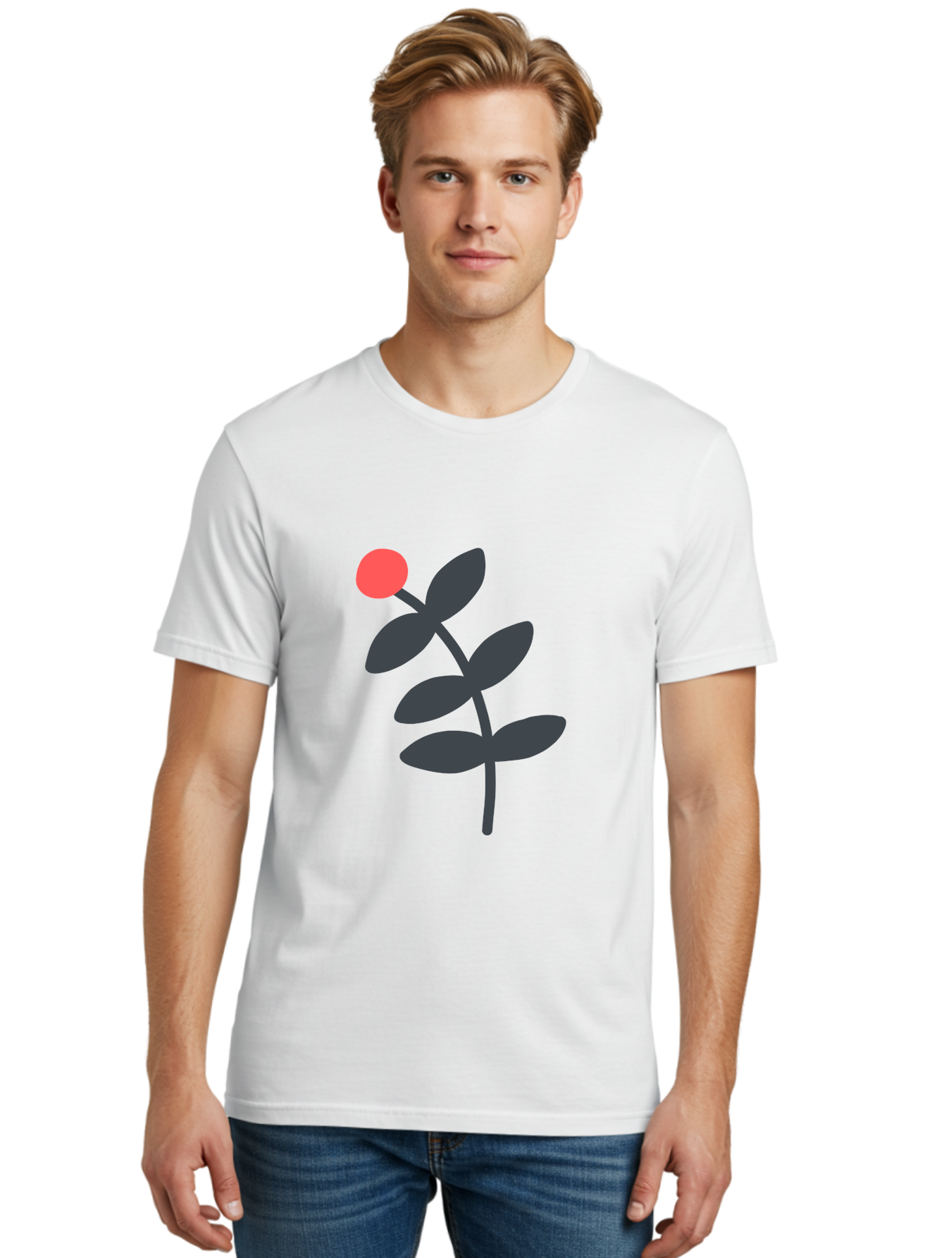 Dark-Purple-Leaves-With-Red-Berry Men'S Graphic Tee, 100% Cotton, Comfortable Casual Summer Wear, Machine Washable, Red Berry, Dark Leaves, Simple Graphic, Minimalist Design, Floral Illustration, Botanical Art, Modern Style, Bold Colors Aab689