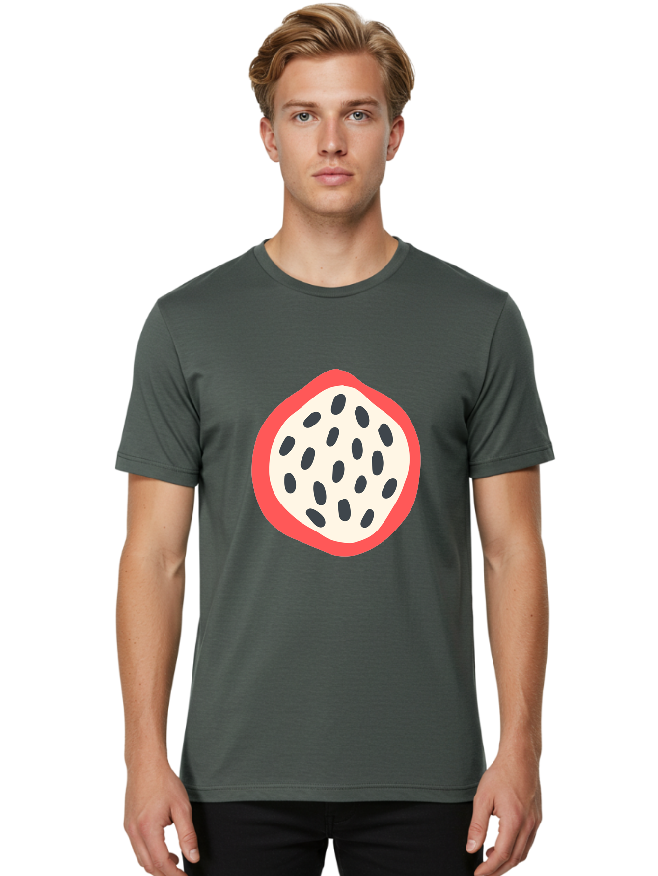 Dragon-Fruit-1 Men'S Graphic Tee, 100% Cotton, Comfortable Casual Summer Wear, Machine Washable, Dragon Fruit, Sliced Fruit, Black Seeds, Red Skin, White Pulp, Exotic Fruit, Tropical Flavors, Vibrant Colors, Healthy Snack, Fruit Illustration Aab692