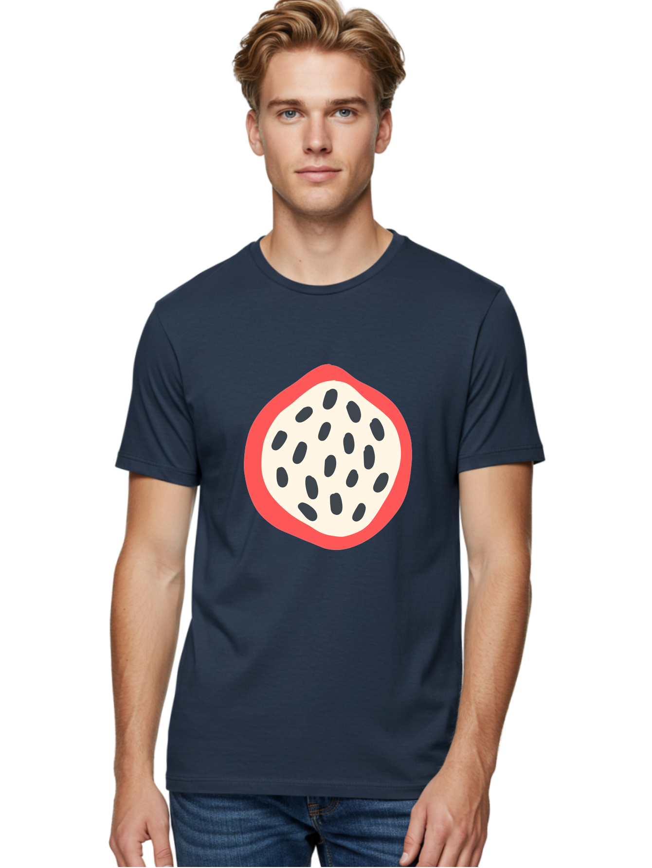 Dragon-Fruit-1 Men'S Graphic Tee, 100% Cotton, Comfortable Casual Summer Wear, Machine Washable, Dragon Fruit, Sliced Fruit, Black Seeds, Red Skin, White Pulp, Exotic Fruit, Tropical Flavors, Vibrant Colors, Healthy Snack, Fruit Illustration Aab692