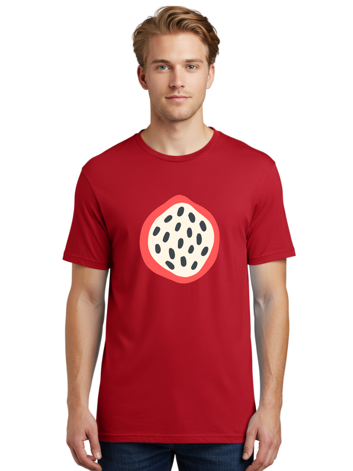 Dragon-Fruit-1 Men'S Graphic Tee, 100% Cotton, Comfortable Casual Summer Wear, Machine Washable, Dragon Fruit, Sliced Fruit, Black Seeds, Red Skin, White Pulp, Exotic Fruit, Tropical Flavors, Vibrant Colors, Healthy Snack, Fruit Illustration Aab692