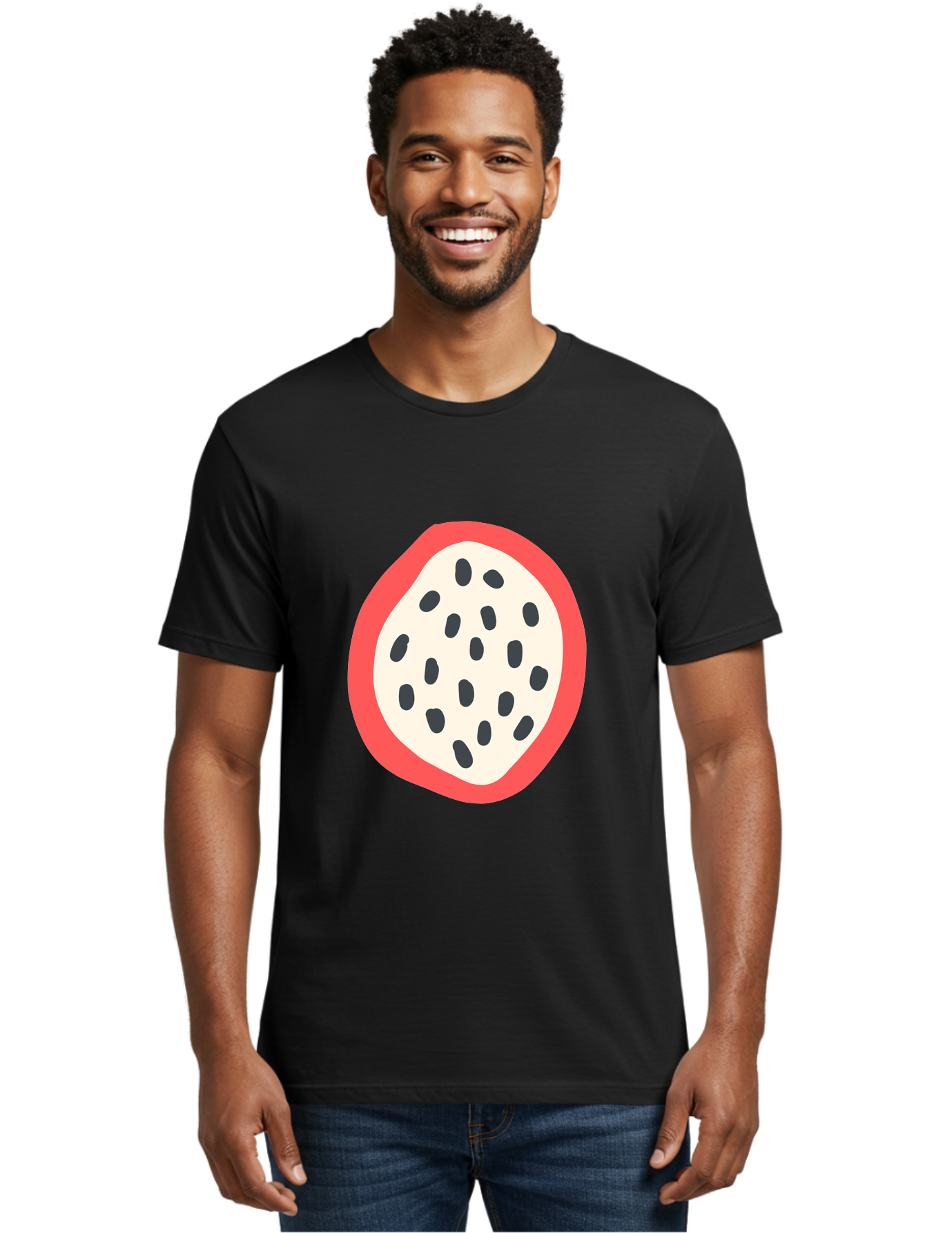 Dragon-Fruit-2 Men'S Graphic Tee, 100% Cotton, Comfortable Casual Summer Wear, Machine Washable, Dragon Fruit Illustration, White And Red Fruit, Black Seeds, Healthy Eating, Exotic Fruit, Tropical Vibes, Digital Art Aab693