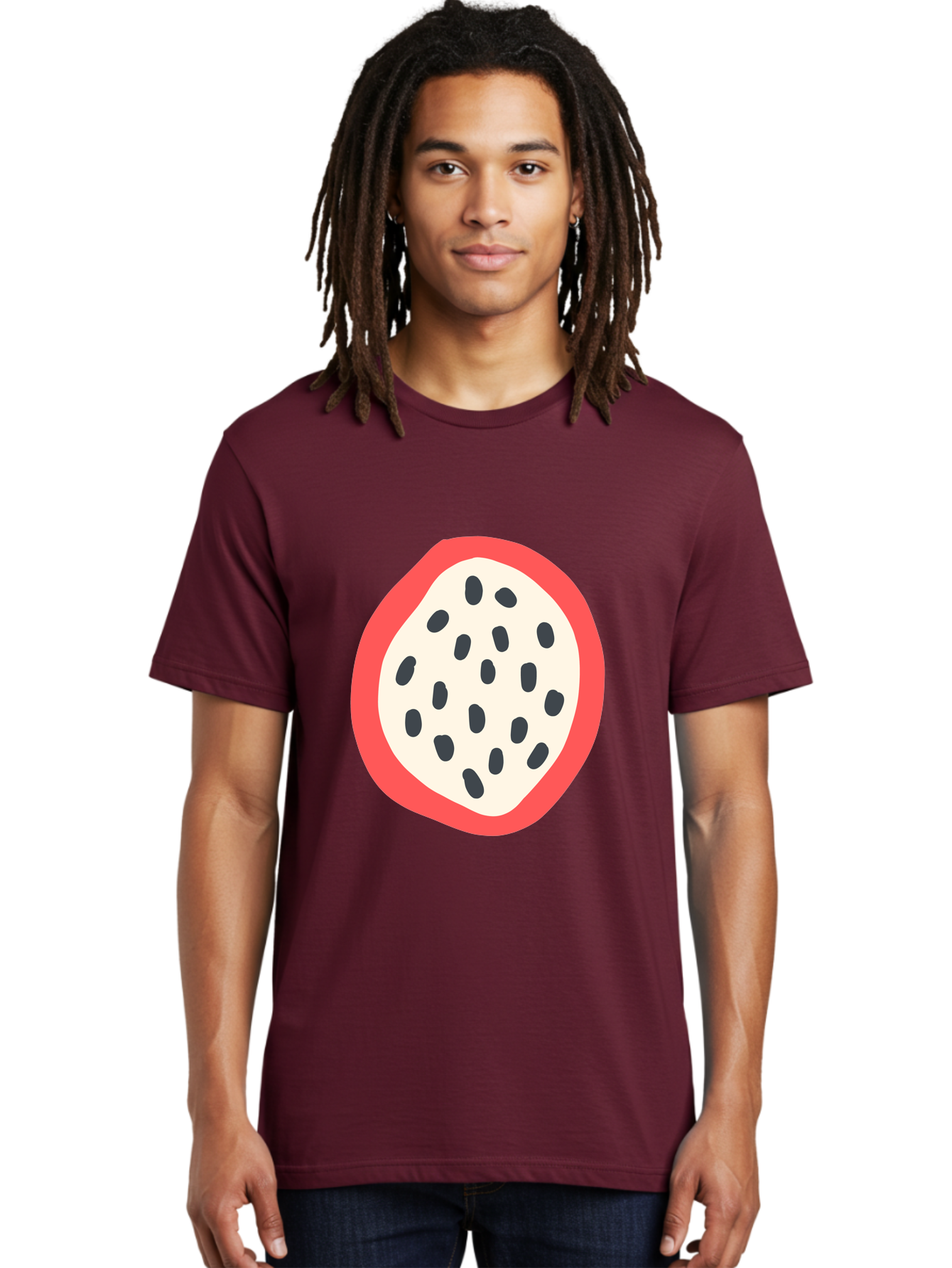 Dragon-Fruit-2 Men'S Graphic Tee, 100% Cotton, Comfortable Casual Summer Wear, Machine Washable, Dragon Fruit Illustration, White And Red Fruit, Black Seeds, Healthy Eating, Exotic Fruit, Tropical Vibes, Digital Art Aab693
