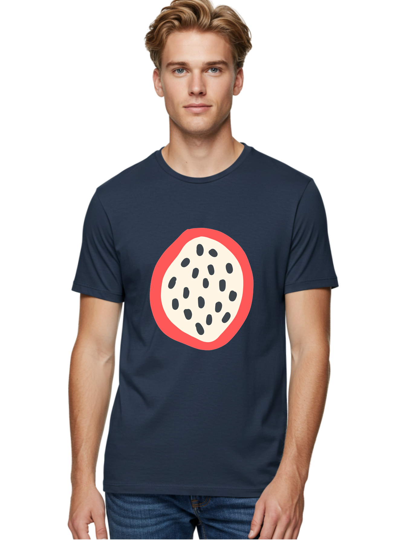 Dragon-Fruit-2 Men'S Graphic Tee, 100% Cotton, Comfortable Casual Summer Wear, Machine Washable, Dragon Fruit Illustration, White And Red Fruit, Black Seeds, Healthy Eating, Exotic Fruit, Tropical Vibes, Digital Art Aab693