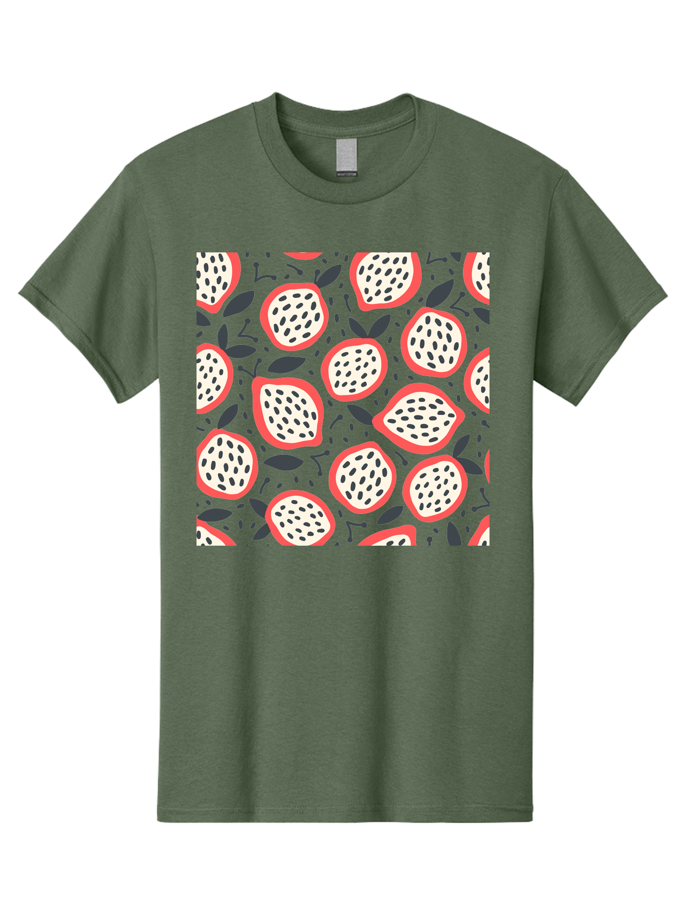 Dragon-Fruit-Pattern Men'S Graphic Tee, 100% Cotton, Comfortable Casual Summer Wear, Machine Washable, Dragon Fruit, Exotic Fruit, Tropical Pattern, Sliced Fruit, Black Seeds, Leaves, Pink Skin, White Flesh, Fruit Design, Seamless Pattern, Aab694