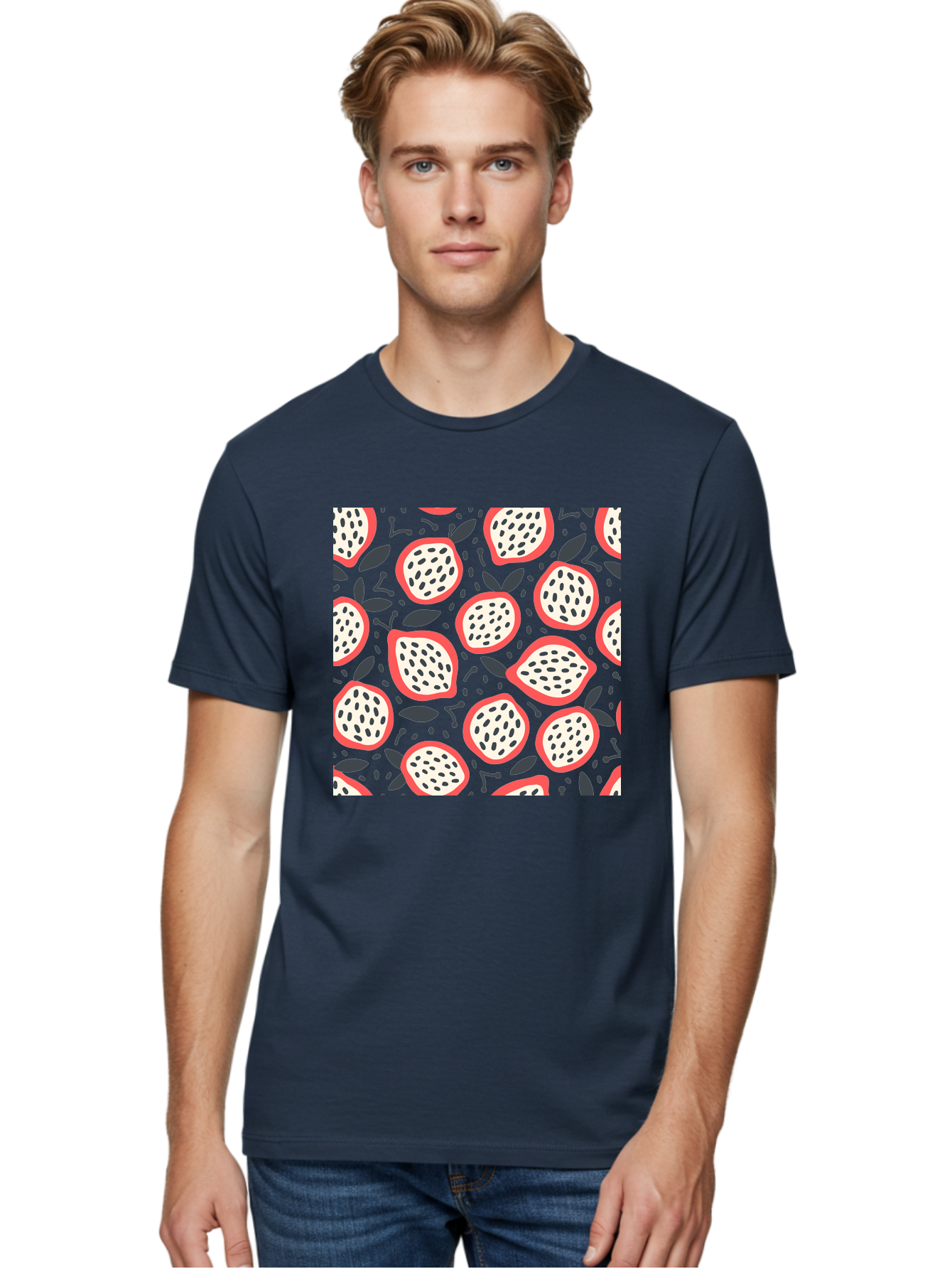 Dragon-Fruit-Pattern Men'S Graphic Tee, 100% Cotton, Comfortable Casual Summer Wear, Machine Washable, Dragon Fruit, Exotic Fruit, Tropical Pattern, Sliced Fruit, Black Seeds, Leaves, Pink Skin, White Flesh, Fruit Design, Seamless Pattern, Aab694