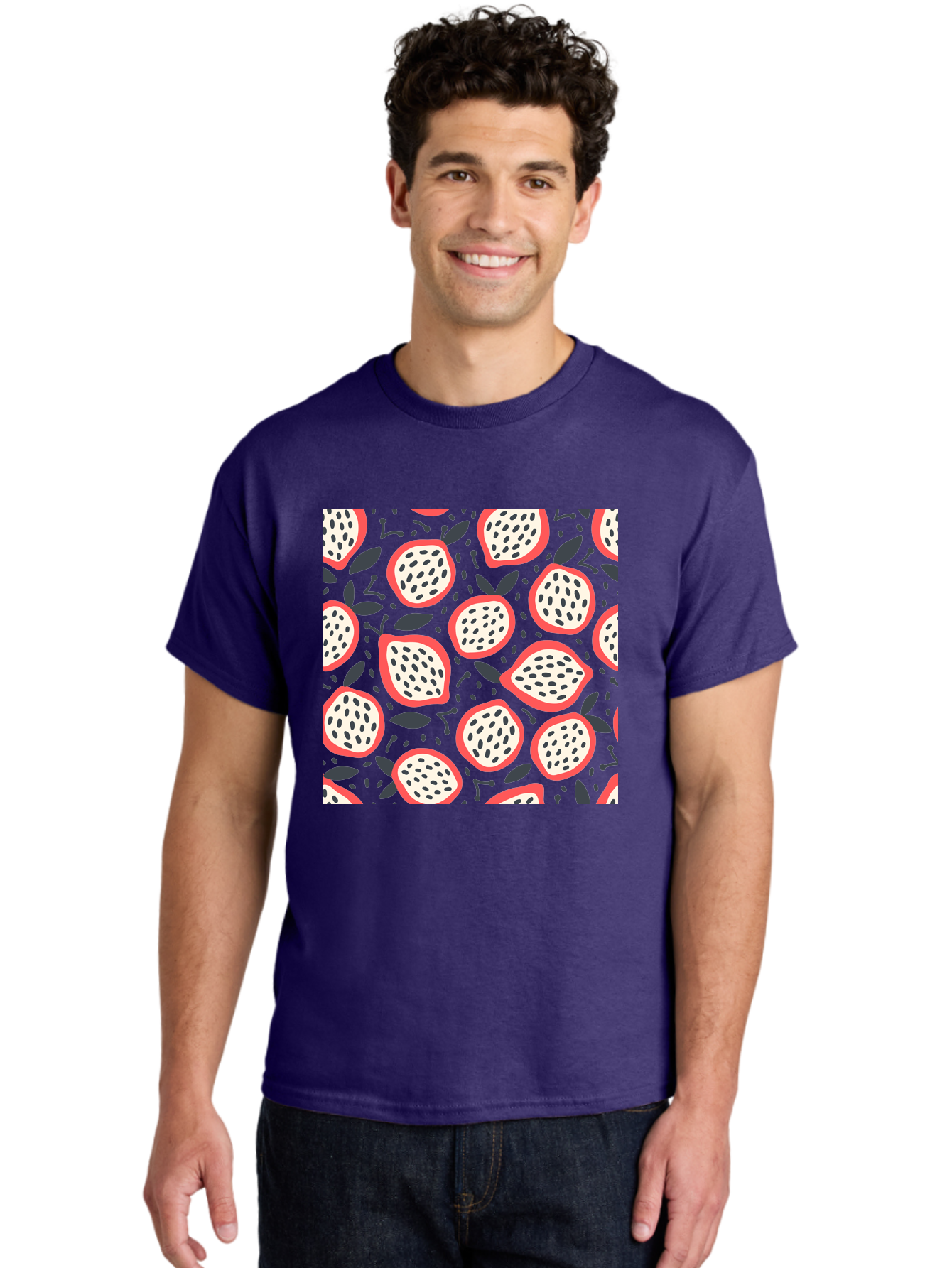 Dragon-Fruit-Pattern Men'S Graphic Tee, 100% Cotton, Comfortable Casual Summer Wear, Machine Washable, Dragon Fruit, Exotic Fruit, Tropical Pattern, Sliced Fruit, Black Seeds, Leaves, Pink Skin, White Flesh, Fruit Design, Seamless Pattern, Aab694