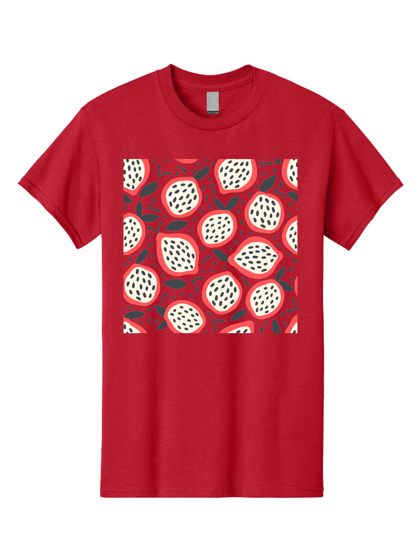 Dragon-Fruit-Pattern Men'S Graphic Tee, 100% Cotton, Comfortable Casual Summer Wear, Machine Washable, Dragon Fruit, Exotic Fruit, Tropical Pattern, Sliced Fruit, Black Seeds, Leaves, Pink Skin, White Flesh, Fruit Design, Seamless Pattern, Aab694