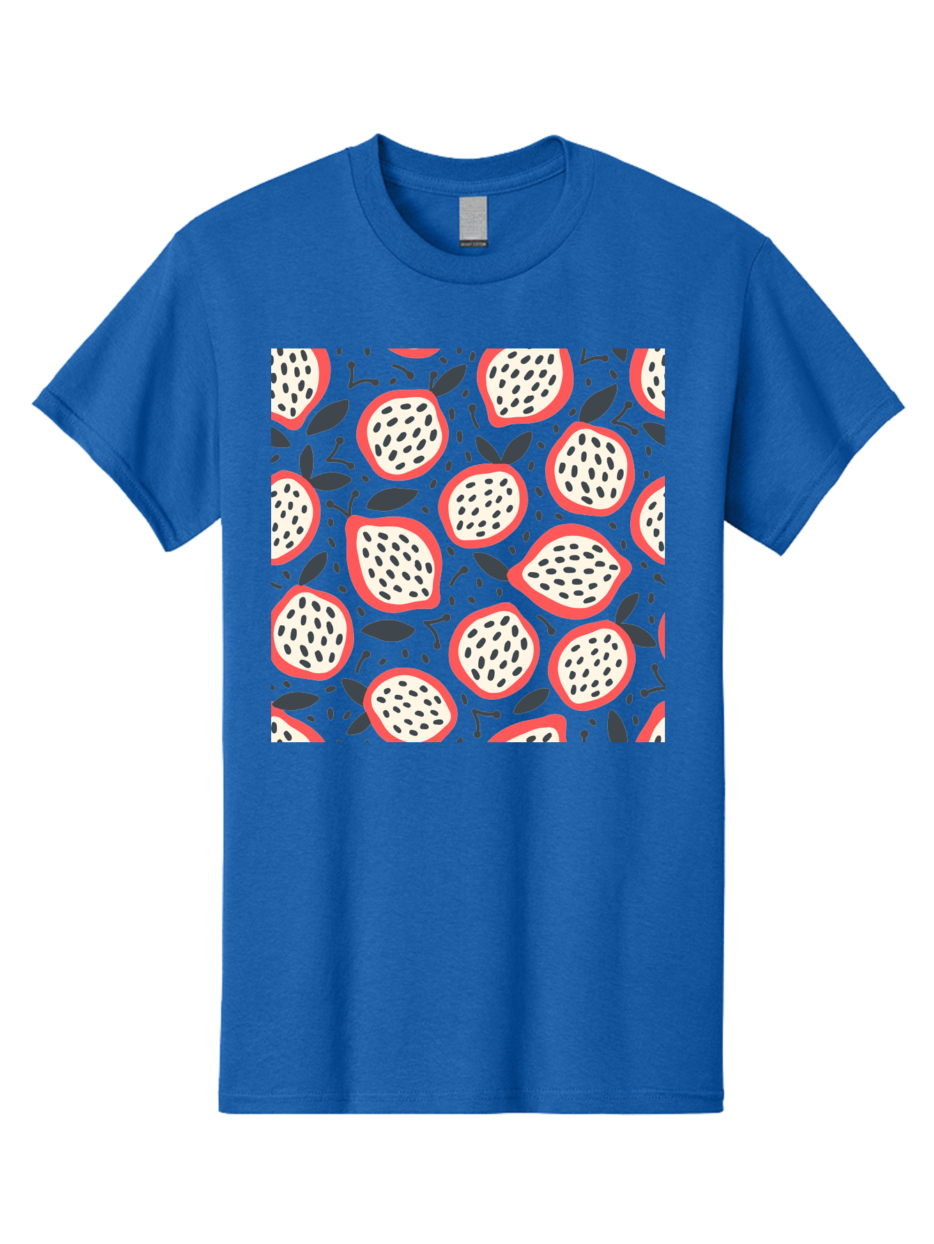 Dragon-Fruit-Pattern Men'S Graphic Tee, 100% Cotton, Comfortable Casual Summer Wear, Machine Washable, Dragon Fruit, Exotic Fruit, Tropical Pattern, Sliced Fruit, Black Seeds, Leaves, Pink Skin, White Flesh, Fruit Design, Seamless Pattern, Aab694