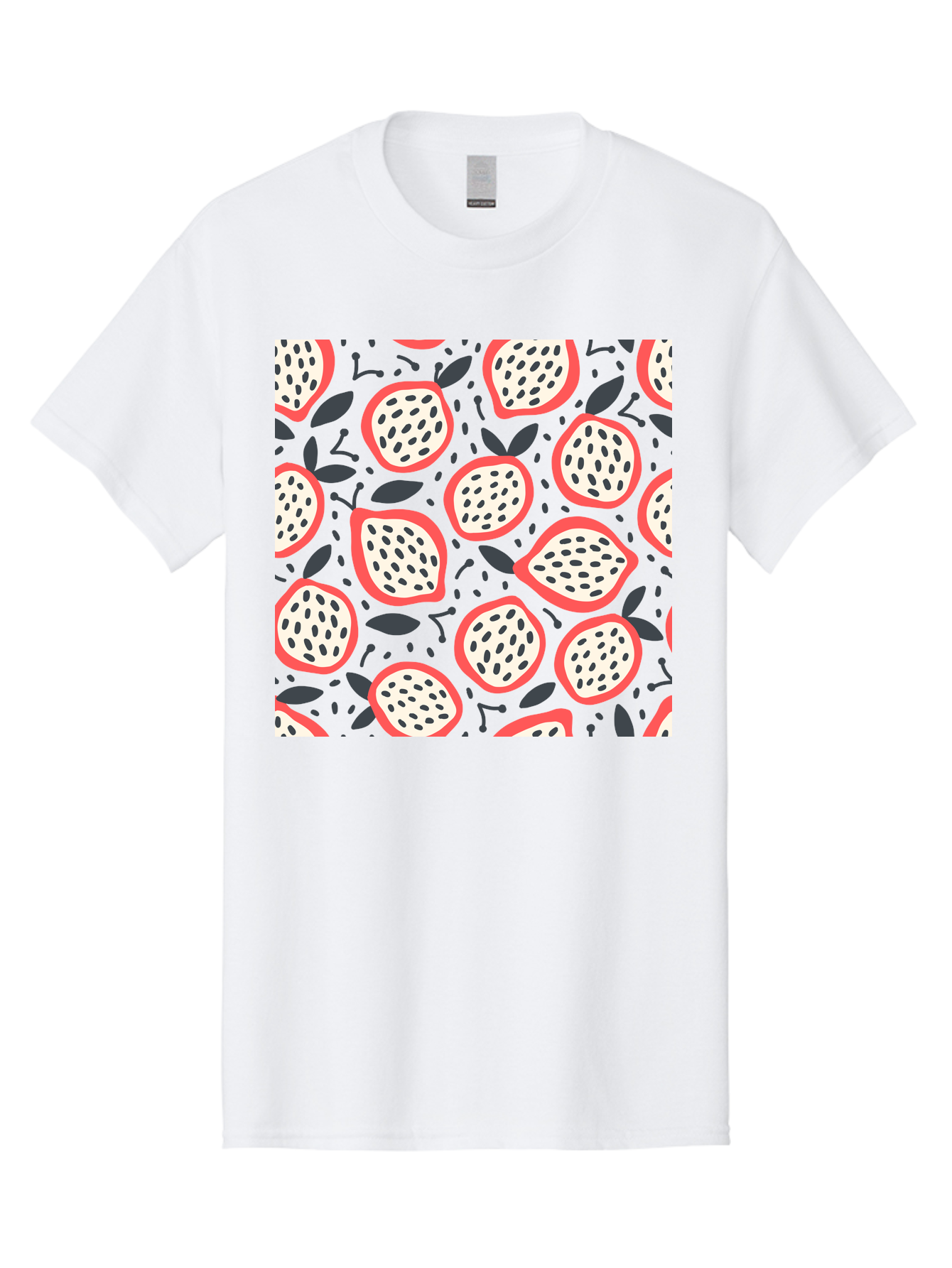 Dragon-Fruit-Pattern Men'S Graphic Tee, 100% Cotton, Comfortable Casual Summer Wear, Machine Washable, Dragon Fruit, Exotic Fruit, Tropical Pattern, Sliced Fruit, Black Seeds, Leaves, Pink Skin, White Flesh, Fruit Design, Seamless Pattern, Aab694