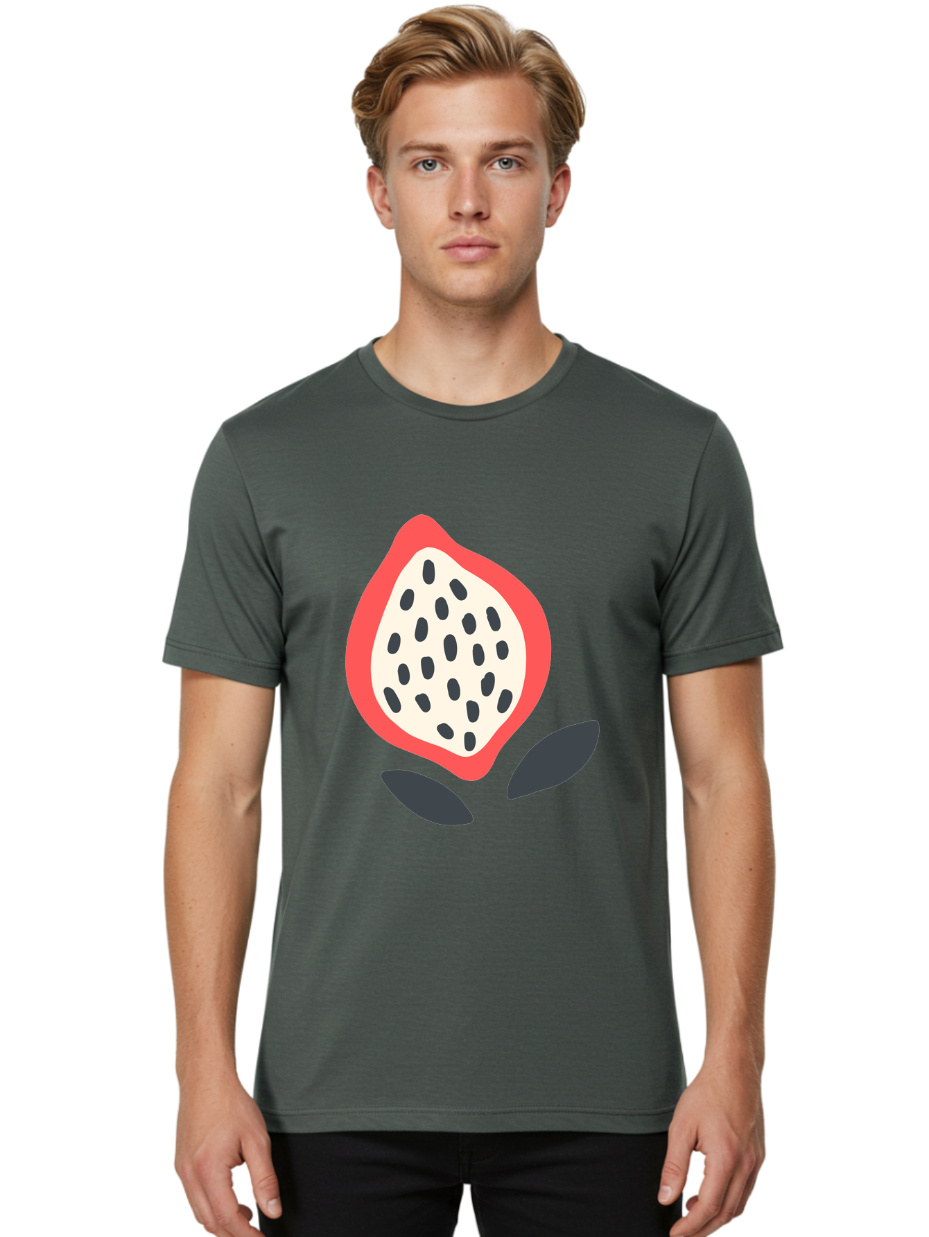 Dragon-Fruit Men'S Graphic Tee, 100% Cotton, Comfortable Casual Summer Wear, Machine Washable, Dragon Fruit, Exotic Fruit, Pink Skin, Black Seeds, White Pulp, Tropical Flavors, Healthy Eating, Fruit Illustration, Minimalist Art, Sweet Treat Aab695