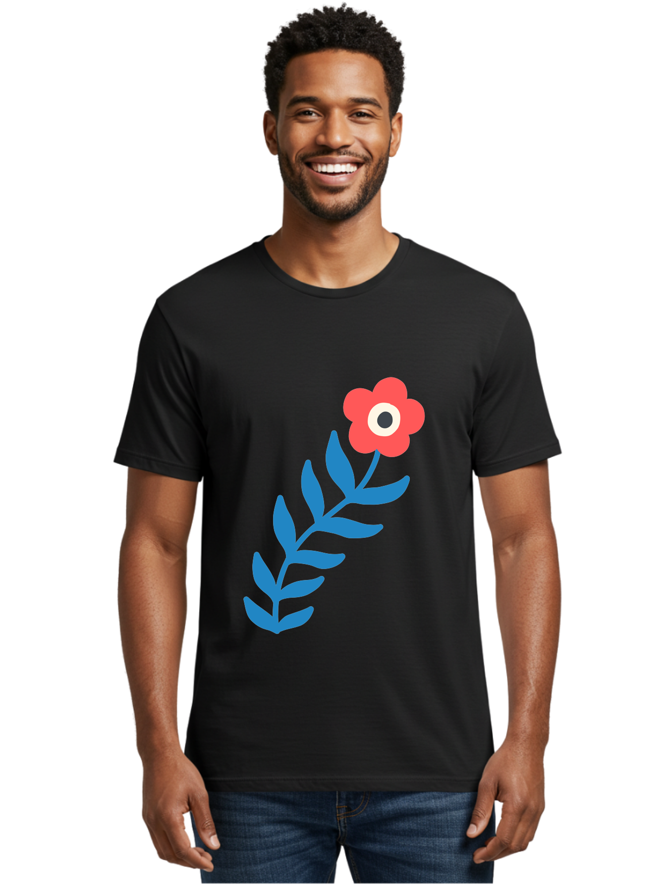 Evil-Eye-Flower Men'S Graphic Tee, 100% Cotton, Comfortable Casual Summer Wear, Machine Washable, Red Flower With White And Black Center, Blue Leaves, Abstract Floral Design, Modern Art, Stylized Bloom, Simple Shapes, Minimalist Illustration Aab697