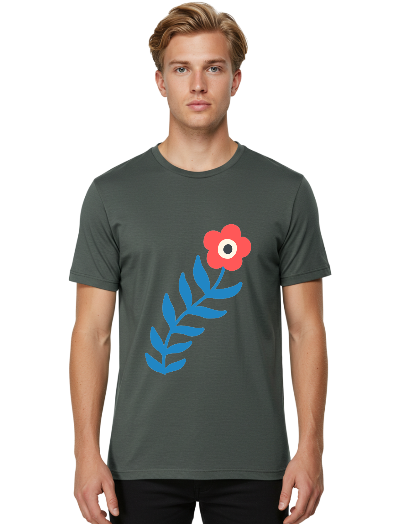 Evil-Eye-Flower Men'S Graphic Tee, 100% Cotton, Comfortable Casual Summer Wear, Machine Washable, Red Flower With White And Black Center, Blue Leaves, Abstract Floral Design, Modern Art, Stylized Bloom, Simple Shapes, Minimalist Illustration Aab697